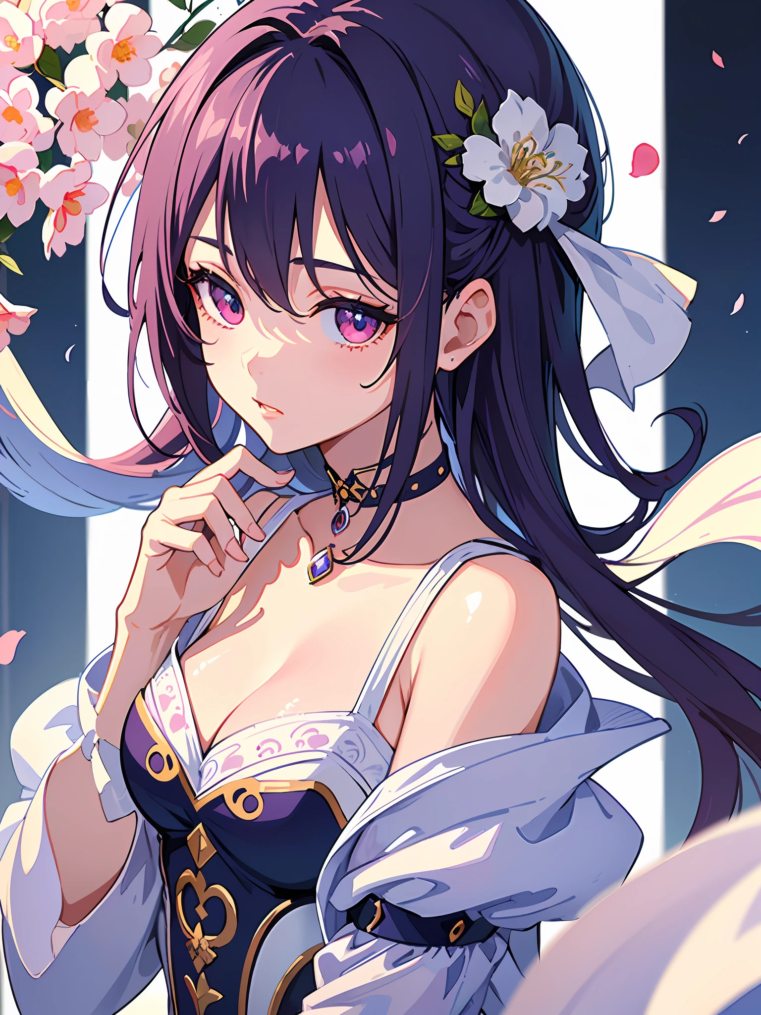 (masterpiece:1.2, best quality), (finely detailed beautiful eyes: 1.2), ((1girl)), ((solo)), a girl with purple hair, worn loose and wavy that some of her hair cover he face, red eyes with long eyelashes, (finely detailed eyes and detailed face:1.3), (beautiful and clear background:1.2), (extremely detailed CG, ultra-detailed, best shadow:1.1), ((depth of field)), ((watercolor)), (human1.5), (idol uniform:1.3), large breasts, bare shoulders, flowers and petals, beautiful concept illustration, (white background:0.5), (illustration:1.1), (extremely fine and beautiful:1.1), (perfect details:1.1), from side, cowboy shot,