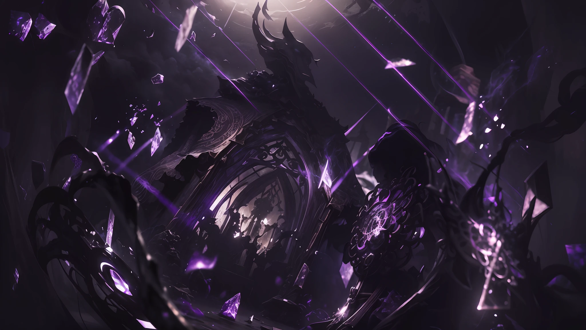 background, world of shadows, effects of smoke or mist in shades of dark purple to create a mysterious atmosphere, Add silhouettes of shadowy objects or creatures in the image. You can include twisted trees, Gothic buildings, mythological creatures or fantastic beings. These silhouettes should be dark, almost merging with the black background, and have subtle details to keep the air of mystery, Add points of light or purple glows scattered throughout the image to give a touch of magic or supernatural energy, Add small details such as floating particles, abstract patterns in purple and soft shadows, to enrich the overall composition and add a sense of depth Surrealism, Integrate occult or mystical symbols into the composition. They can include sigils, runes, pentagrams or any other symbol related to the theme of shadows and the occult, Add elements that suggest the existence of portals to other dimensions or dark realms, Include mysterious eyes hidden in the shadows to create an intriguing effect, Add lines or abstract patterns in shades of purple that move around the composition, : Insert mystical objects, such as amulets, ancient scrolls or enigmatic keys, that are partially visible or partially hidden in the shadows, Hyperrealism, cinematic lighting, motion blur, blurred, bright light, god rays, reflection light, flower, mixture, projected shadow, film grain, masterpiece, high detail, high quality, 1080P, 16k