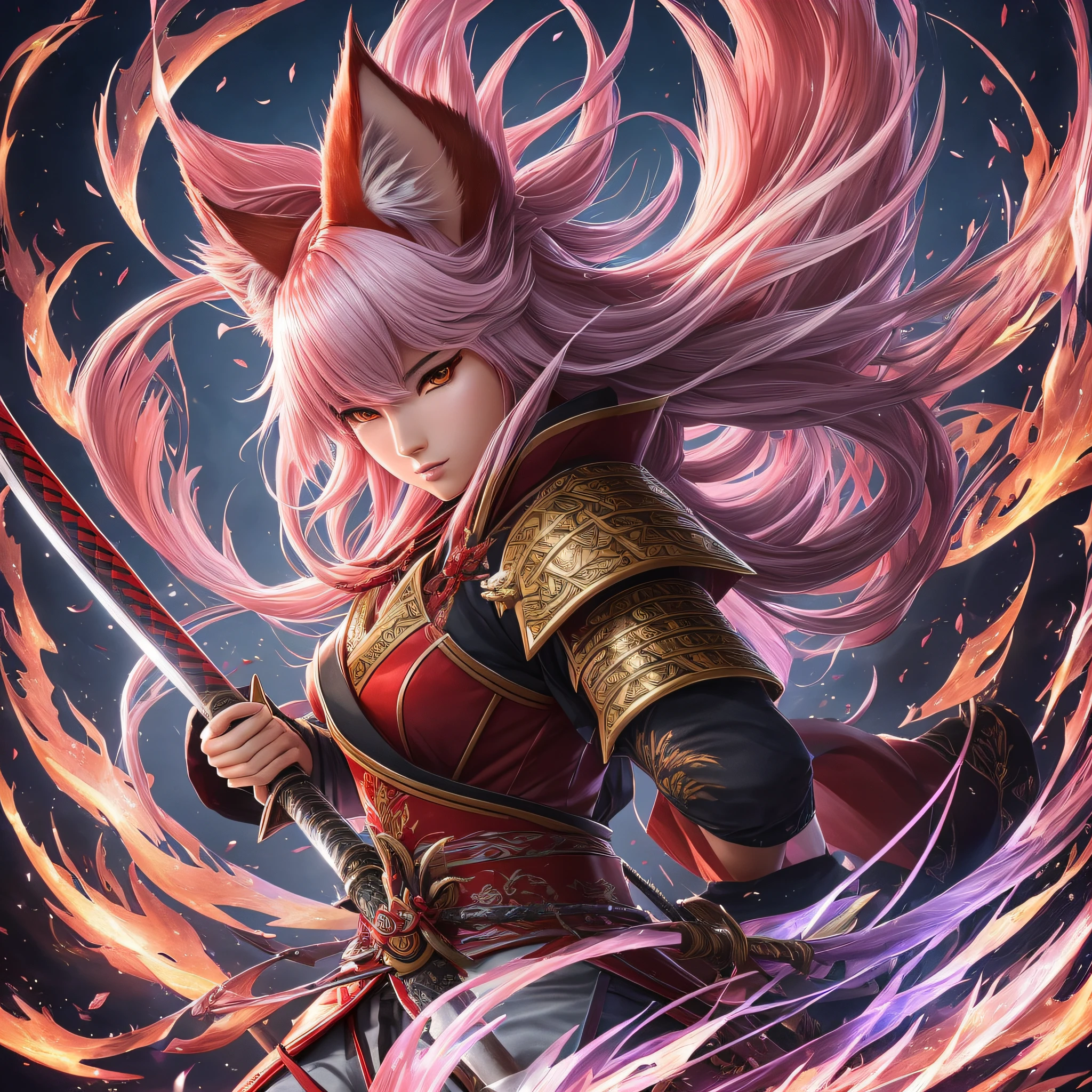 "A detailed, high-quality image of Ahri from League of Legends wearing traditional samurai armor, displaying his skill with a katana in each hand, personifying the elegance and strength of a samurai during Japan's feudal era, dynamic pose, simple background, intricate details, his nine fox tails in the background, katana swords being masterfully wielded