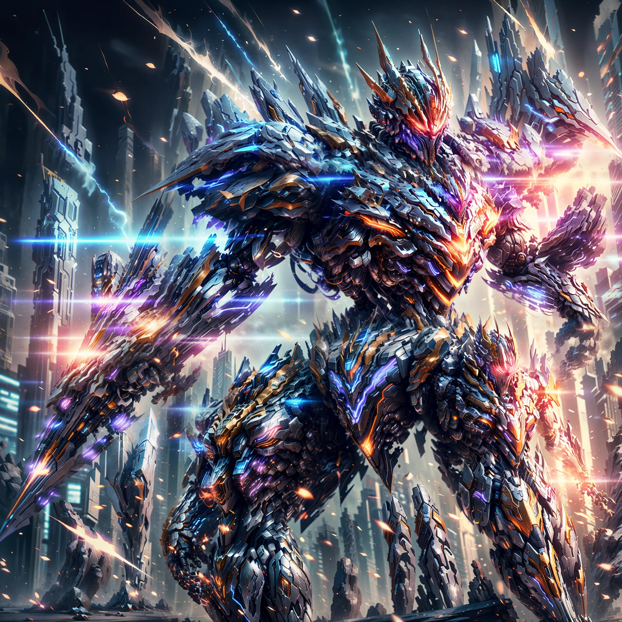 A Super Mech Warrior, Holding Energy Cannon, Tall Buildings, Energy Cannon Fire, Tall and Mighty, Solid Armor, Futuristic Technology, Sharp Lines, Dynamic Styling, Mechanical Joints, Armor Plates, Sensors, Energy Weapons, Blazing Energy, Shining Light, Explosion Effects, Smoke and Dust, Tense Atmosphere, (Octane Rendering: 1.4), Best Quality, (Highly Realistic), (Ultra Detail: 1.5), C4D Rendering, Cinematic Quality