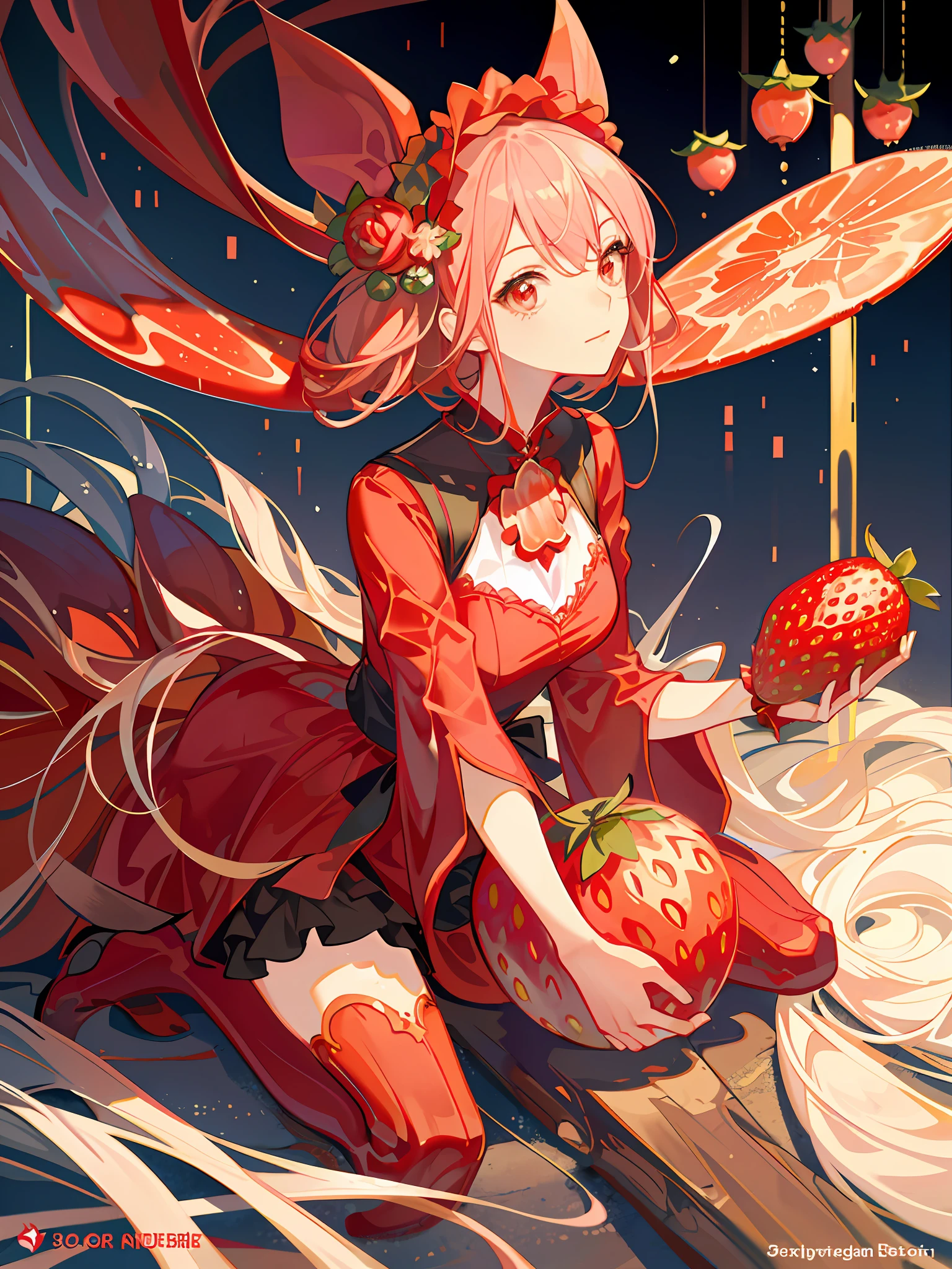 there is a woman in a red dress holding two large strawberries,  japanese pop surrealism,japanese popsurrealism, holding a giant strawberry,HD,4k,masterpiece,best quality,look at viewer