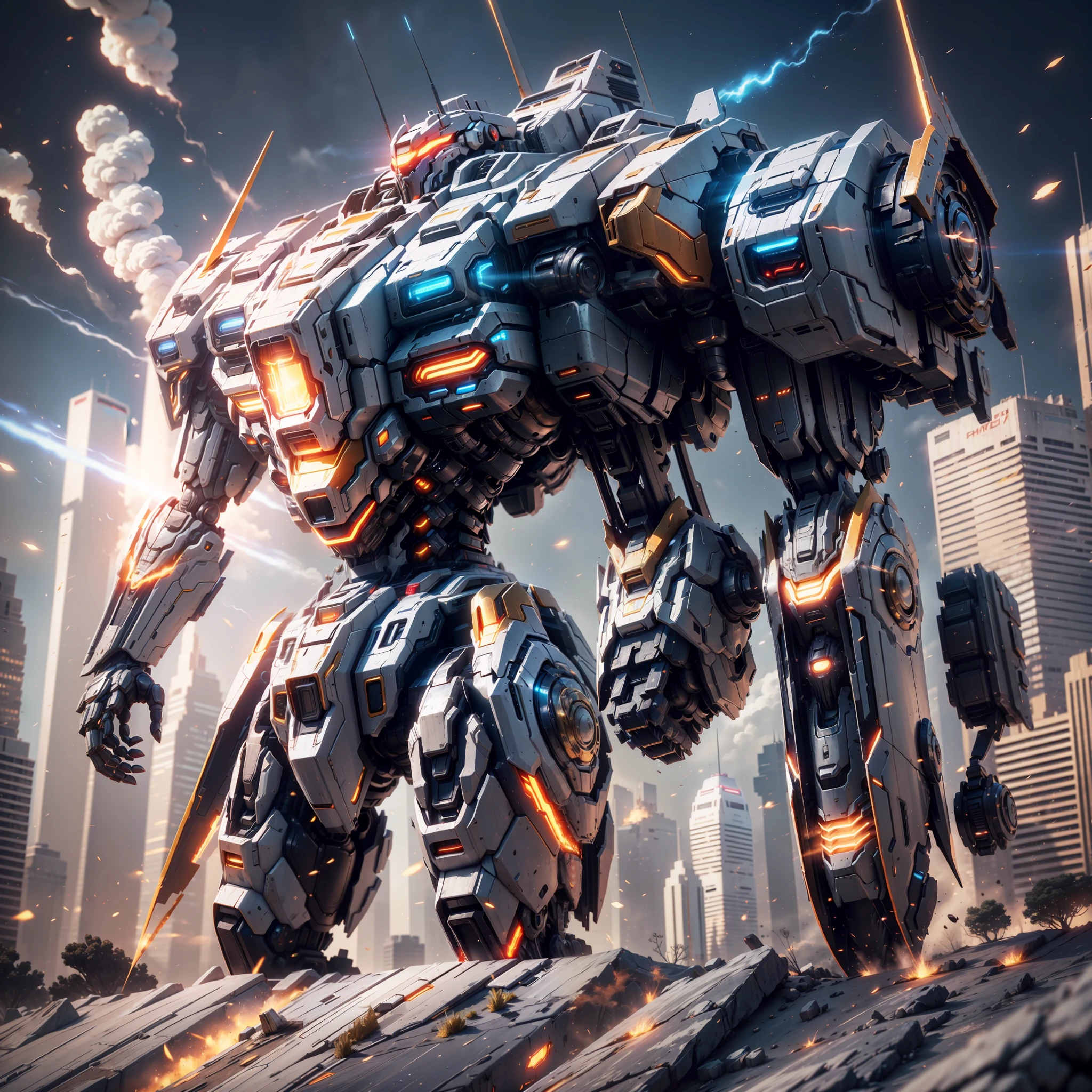 (a super mech tank), huge energy cannon on the back, facing the camera tall buildings, energy cannon fire, tall and mighty, solid armor, futuristic technology, sharp lines, dynamic shapes, mechanical joints, armor plates, sensors, energy weapons, blazing energy, shining light, explosion effects, smoke and dust, tense atmosphere, (octane rendering: 1.4), best quality, (highly realistic), (super detail: 1.5), C4D rendering, cinematic quality