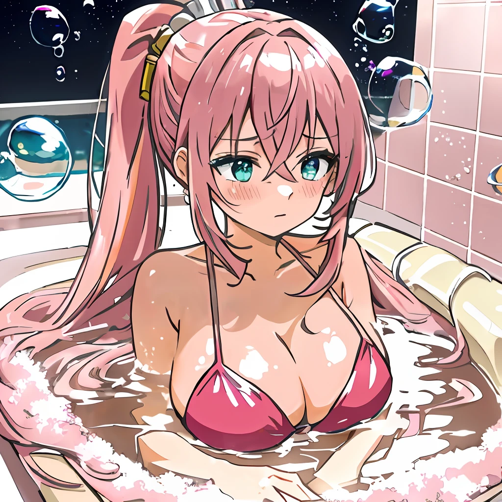((masterpiece)),((dynamic angle)),((Bathing in bubble bath:1.3)),((sprawled)),((metallic pink ??????)),1girl, long hair, ponytail, (pale pink hair),embarrassed, aqua eyes,?????????????,15 years old,night,pink room,fantasy bath,flower,pink,