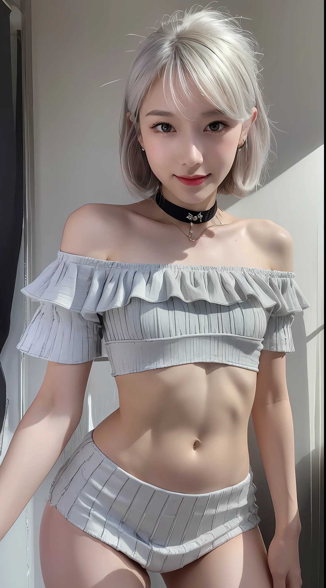 (Day, Real Light, Best Quality, 8k, Best Masterpiece)), 1 slender girl with black skin, beautiful girl, abs, small, short silver hair, short stature, ass, white mini skirt, small face, off-shoulder, white room, ultra detailed face, ultra detailed eyes, double eyelids, eyeliner, bangs free, navel, piercing, smile, choker