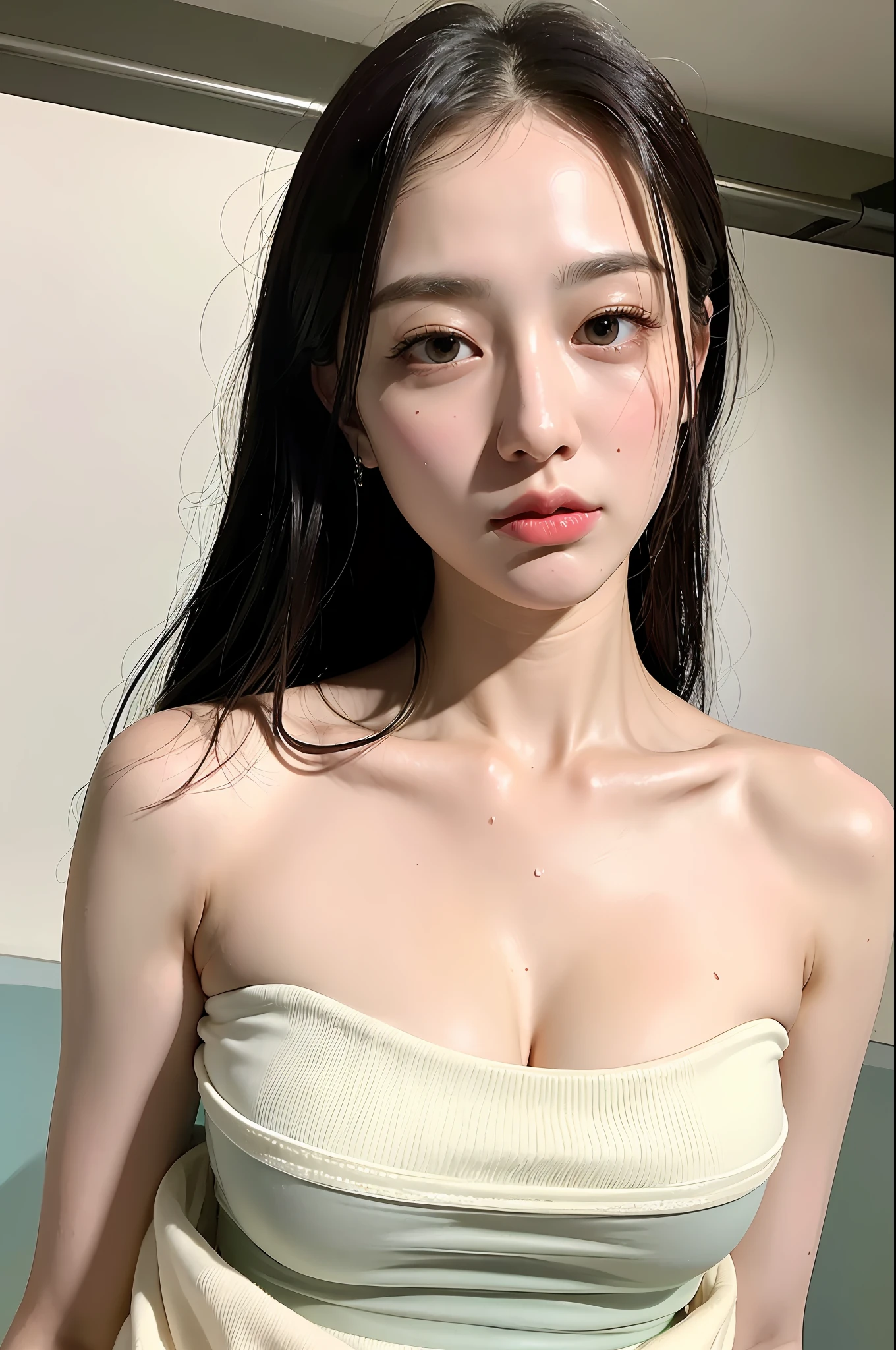 ((Best quality, 8k, Masterpiece :1.3)), 1girl, Pretty woman with emphasizing feminine abs :1.3, Huge breasts :1.2, (Bathtub, Wet outfit :1.1), Ultra-detailed face, Highly detailed lips, Detailed eyes, Double eyelid