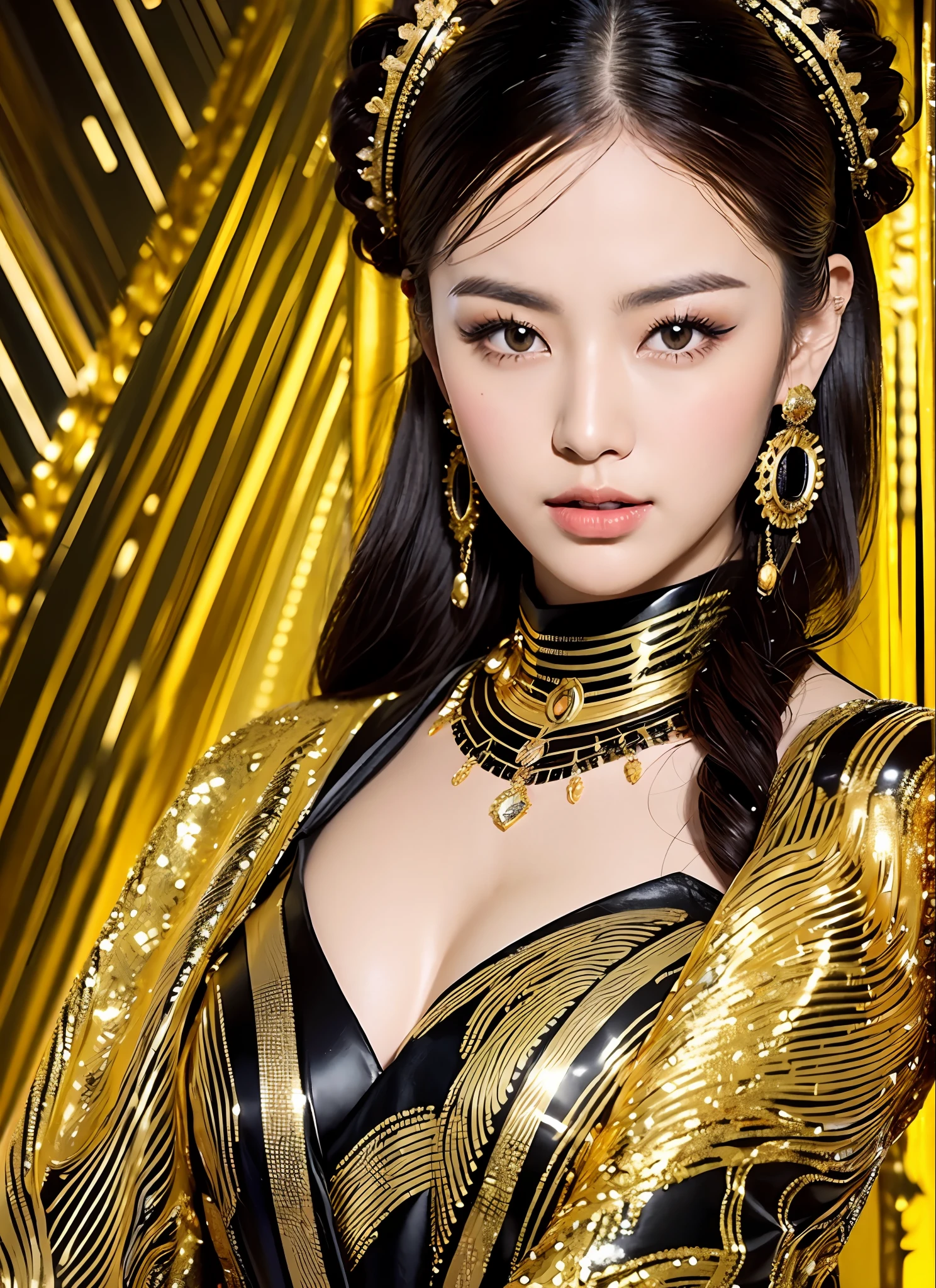 Generate high-quality images of women with prominent golden and black colors. She is dressed in a sophisticated fashion style and is dressed in elegant outfits of gold and black. The background is a landscape with abstract and fantastic elements, shimmering golden rays and geometric patterns. Her poses are graceful and give a feeling of confident movement. The effects of light and shadow are masterfully presented, and the faces and expressions are charmingly depicted in the finest detail of the golden and black costumes and accessories. The overall atmosphere is modern, yet has its own artistic touch, and the contrast between gold and black adds depth and brilliance. The combination of gold and black is beautiful in this image, which is visually stimulating and aesthetically pleasing, and will interest and surprise the viewer.