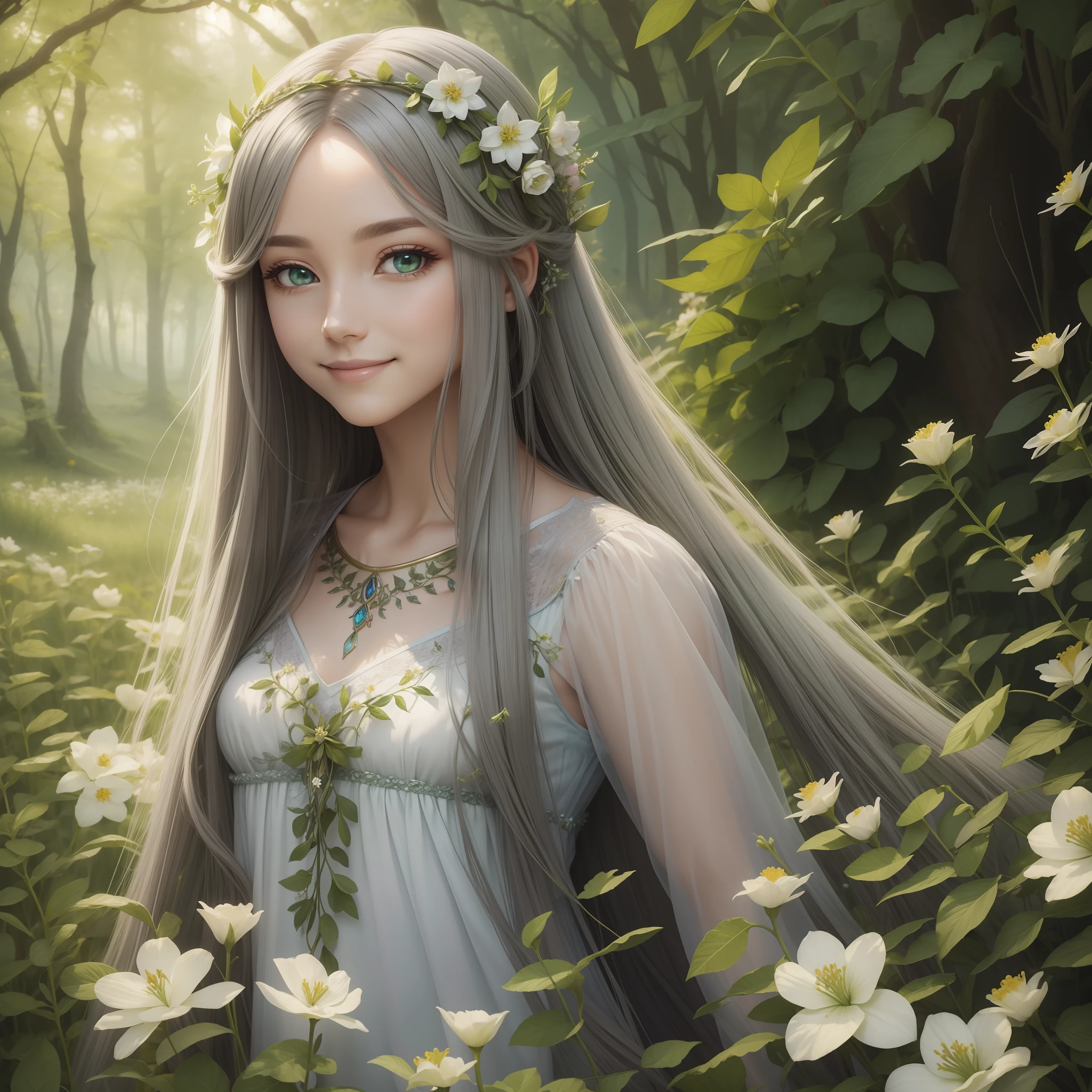(Masterpiece) 8K resolution, fairy queen, beauty blooming flowers, green straight long hair, hazel eyes, ash gray eyes, smile, fantasy style,