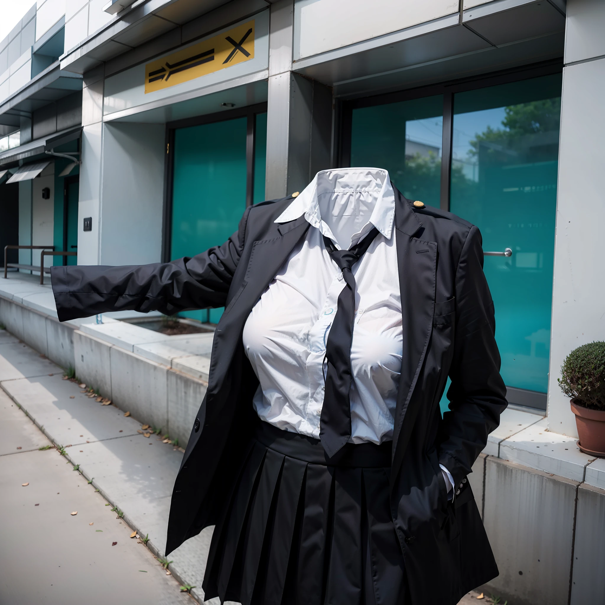 ((no humans)), school uniform, huge breasts, ((empty clothes)), invisible girl