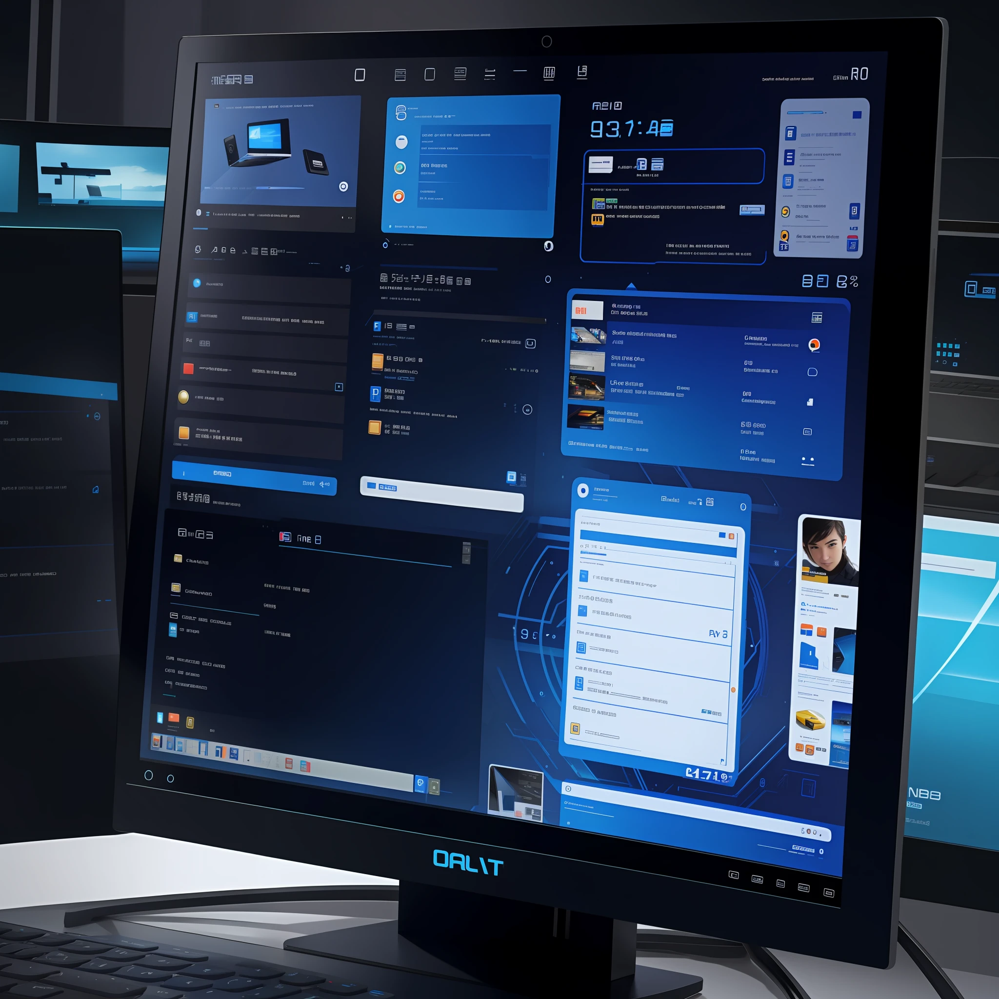 arafed computer monitor with multiple screens on a desk, pc screen image, stacked computer screens, playstion 5 screen, pc game with ui, large computer monitor, many screens, pc screenshot, a computer rendering, computer screens, black interface, technological screens, floating monitors, everything fits on the screen, blue - ray screenshot