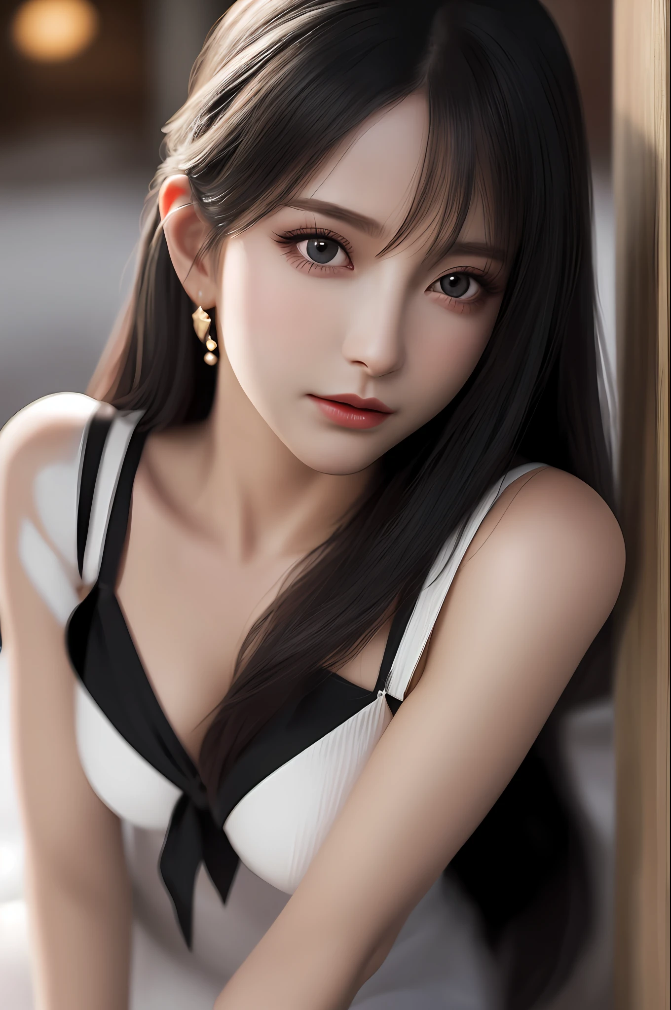 Very detailed eyes, very detailed face, very beautiful woman, best quality, super detailed (photorealistic), very delicate and beautiful legs, beautiful black eyes, absurdity, very detailed facial expression, professional illustration, shy, ff Tifa