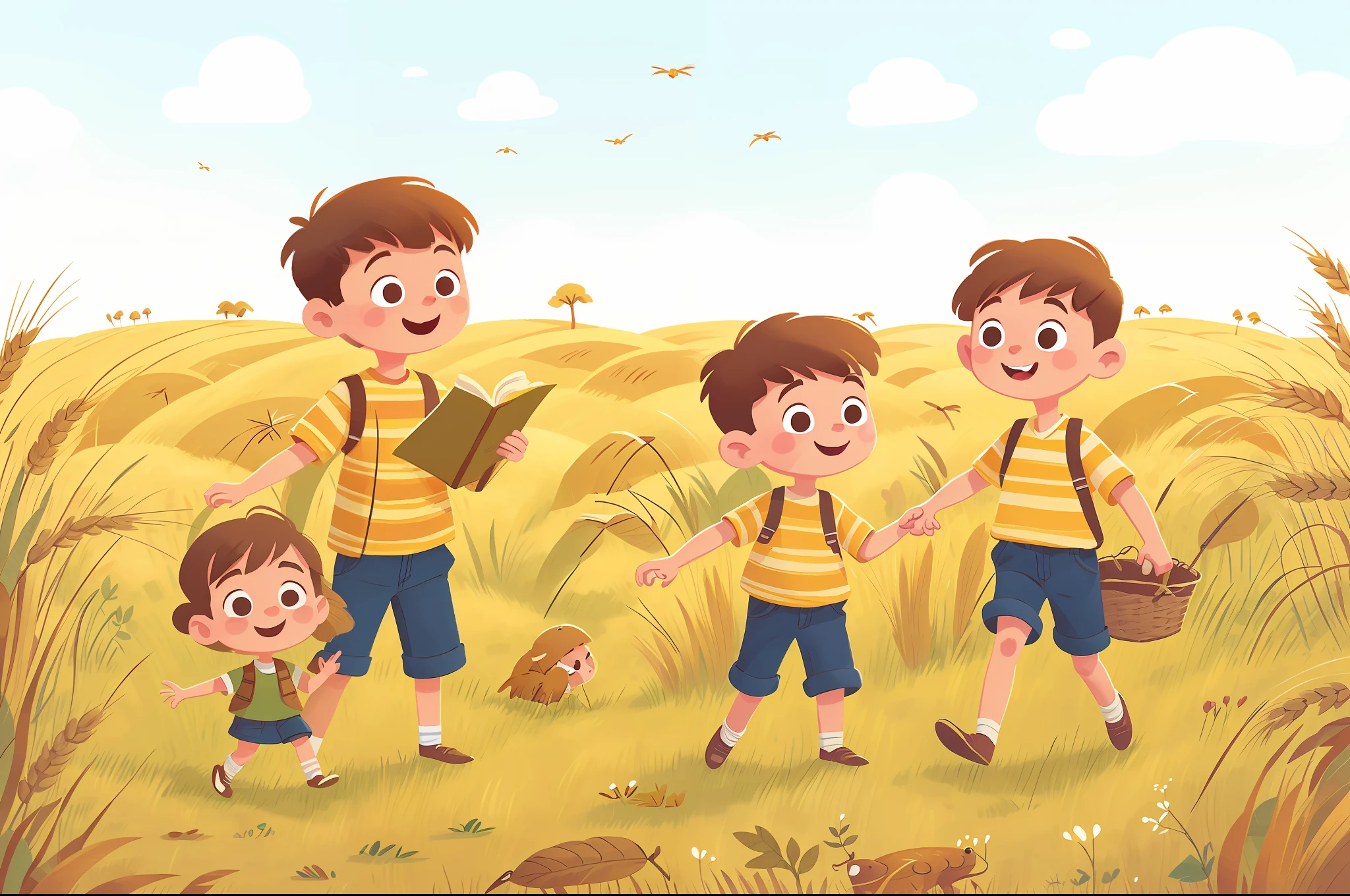 Little boy and little girl in wheat field, full body, storybook illustration, cartoon illustration, cartoon style illustration