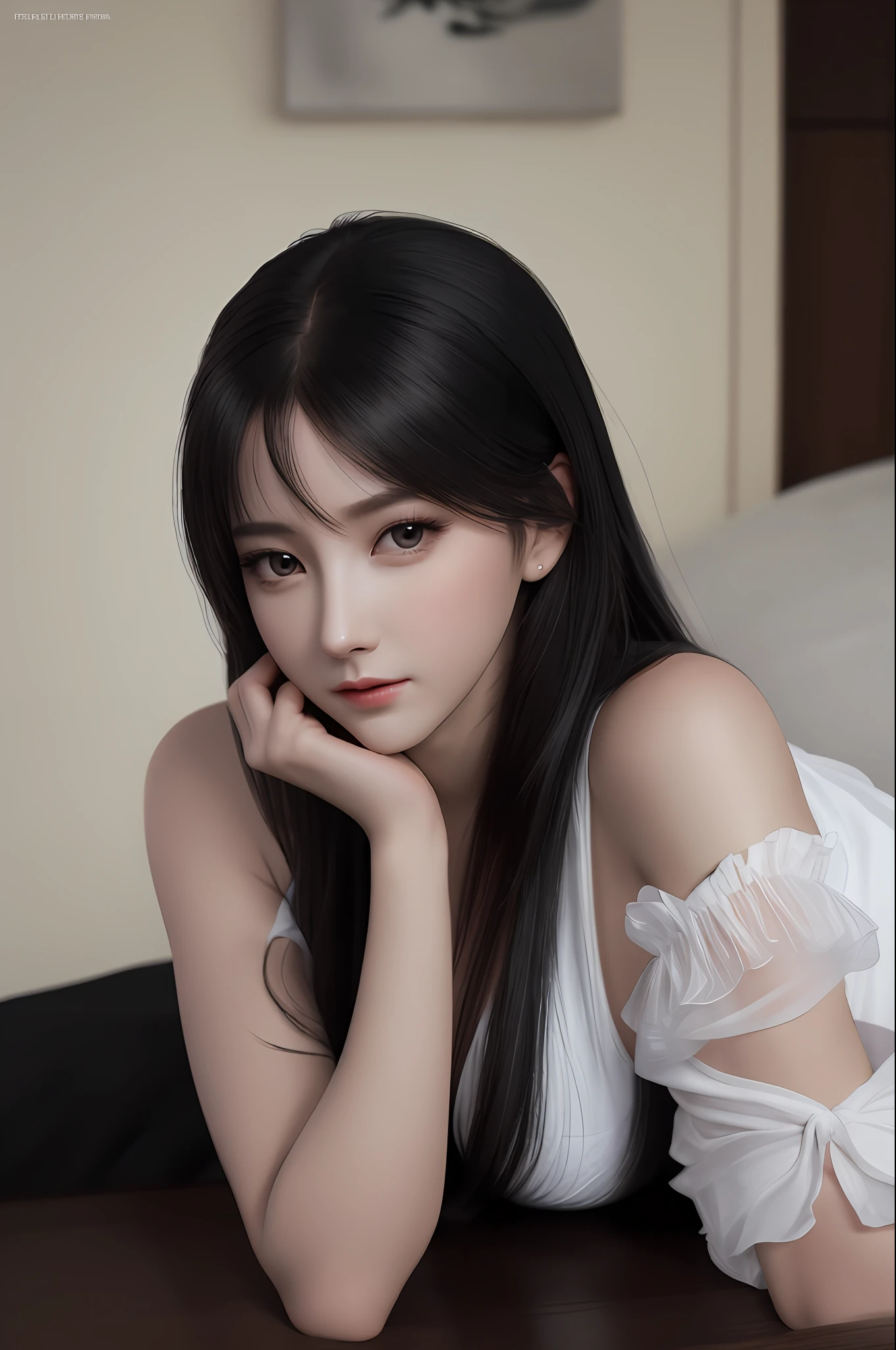 Very detailed eyes, very detailed face, very beautiful woman, best quality, super detailed (photorealistic), very delicate and beautiful legs, beautiful black eyes, absurdity, very detailed facial expression, professional illustration, shy, ff Tifa