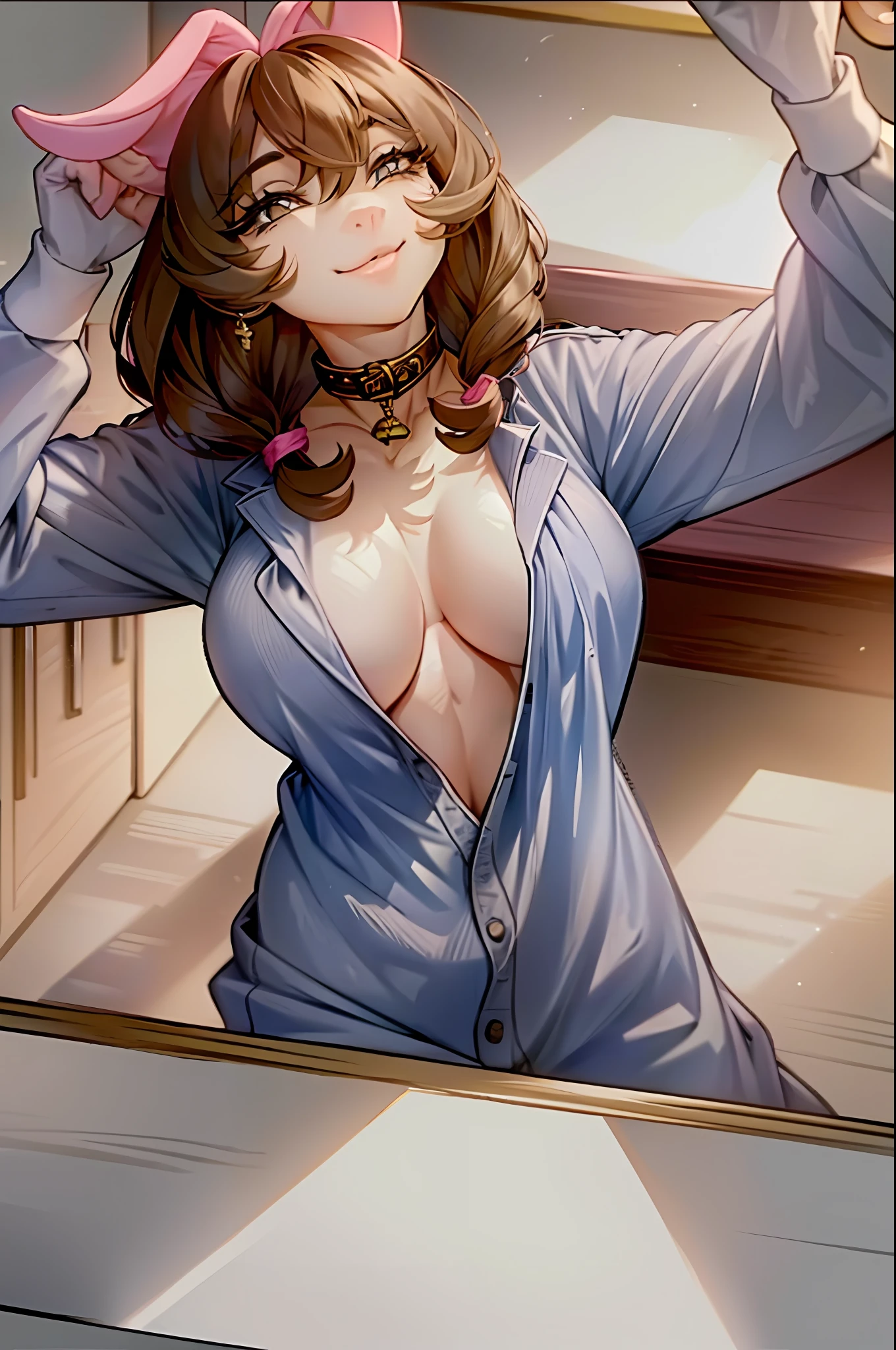 (masterpiece, best quality)), (anthro fluffy:1.3, muzzle: 1.2, anthro:1.3, furry: 1.2, close-up: 1.2, single woman: 1.2, cleavage, lean forward, smile, red), achegao, no top, pink panties