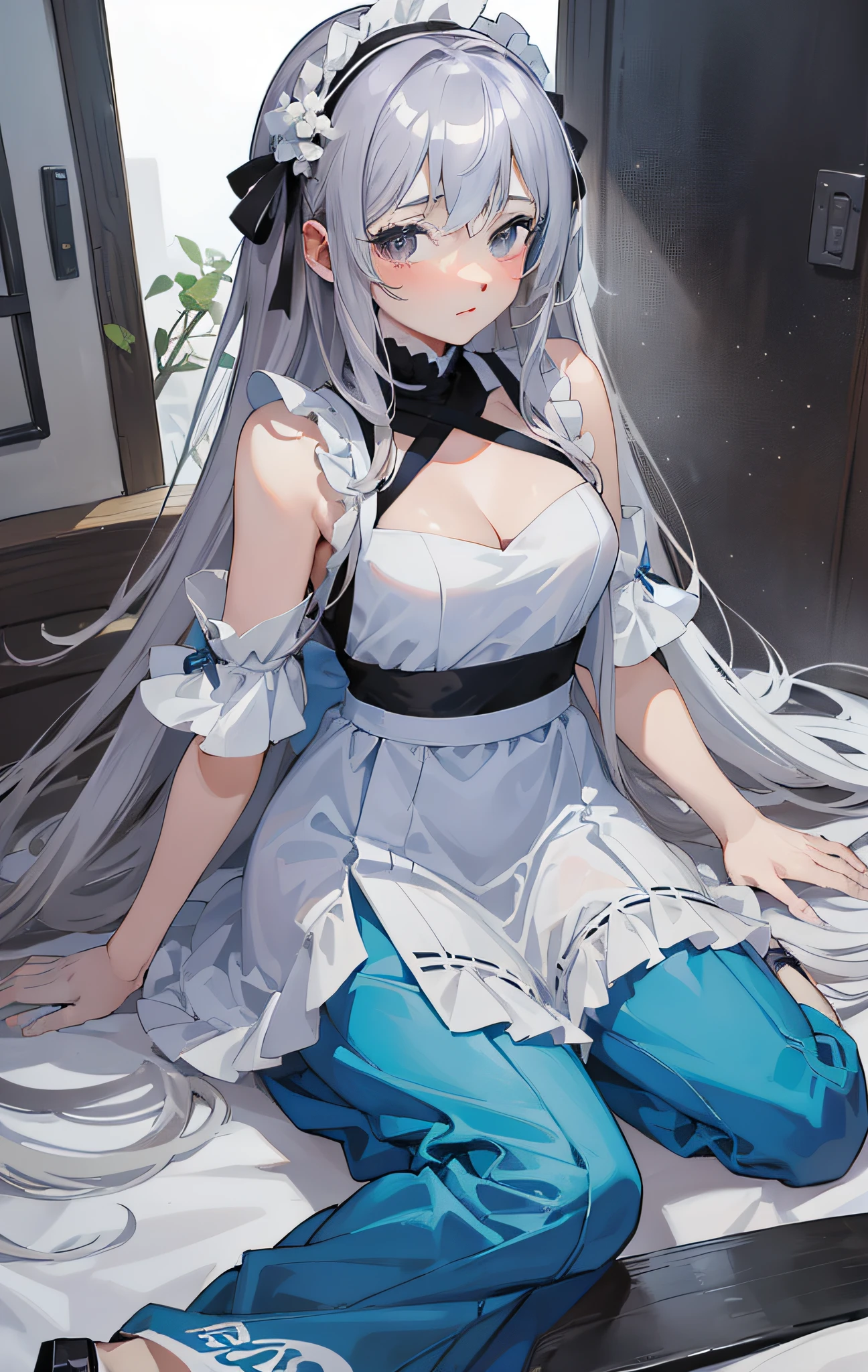 ((Best Quality, 8K, Best Masterpiece)) Anime characters with long gray hair and blue eyes, Anime visuals of young women, Today's featured anime stills, God of White Hair, official art, cute girl anime visuals, Popular isekai anime, Tsuaii, Marisa Kirigami, Anime movies, TV anime still, Isekai, Hestia, Albedo of Anime Overlord Transparency 16 years old