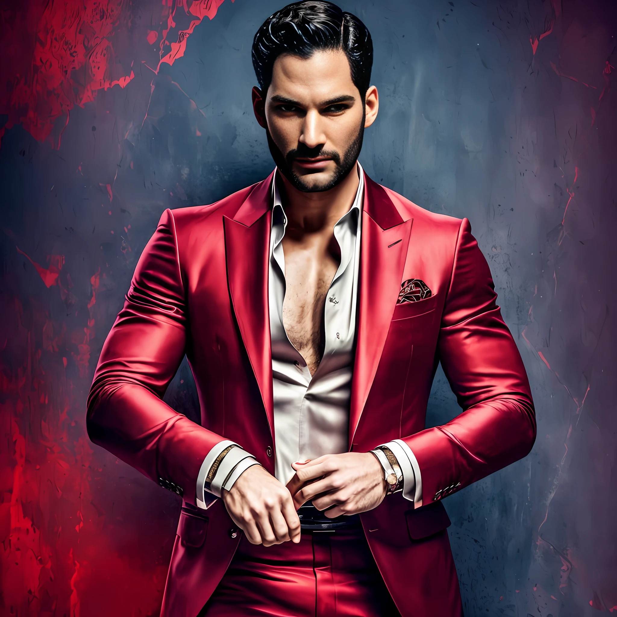 (masterpiece), ultra-detailed, high resolution, beautiful, Tom Ellis as Lucifer Morningstar, devilish charm, stylish, elegant, dark background, vibrant colors, intense emotions.
