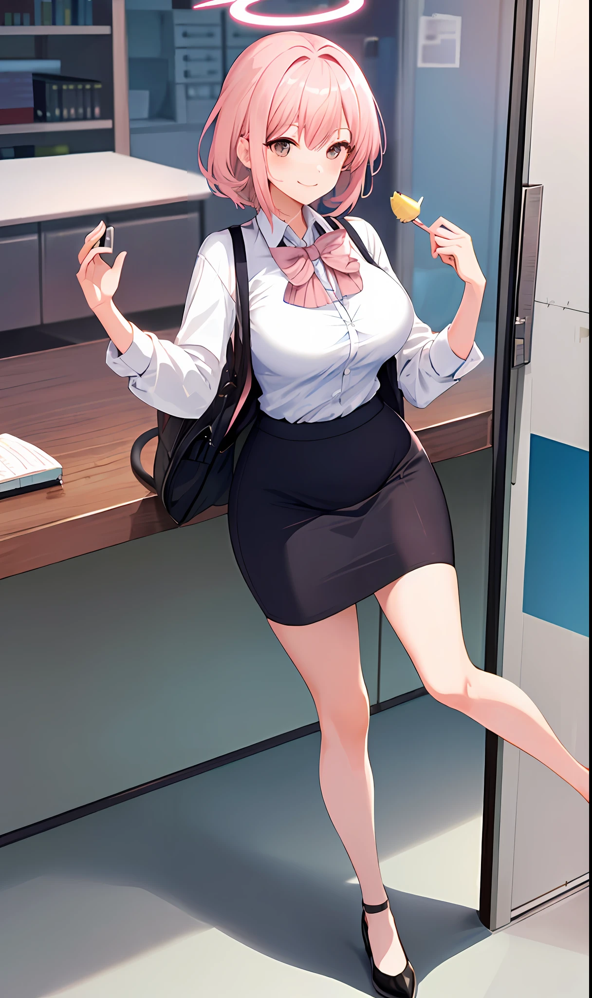 ((masterpiece, best quality)), (1girl),((mature female)), lightpink hair, halo, horn, ((office lady )),bangs,middle breast,(busty),slim,smile, [wide hips],office,standing, aru \(blue archive\),cat woman stand fullbody
