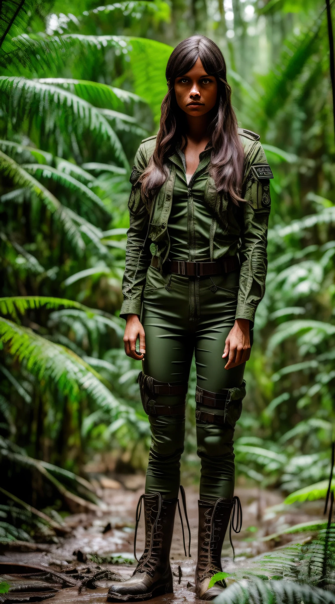 Girl in the jungle, mud, perfect body, realistic face. 1.4 (angry girl), knife, army boot, Ripley: regatta, camouflaged, green + gray. HD 1.5, V4. GAB, ISO. Aerial focus.