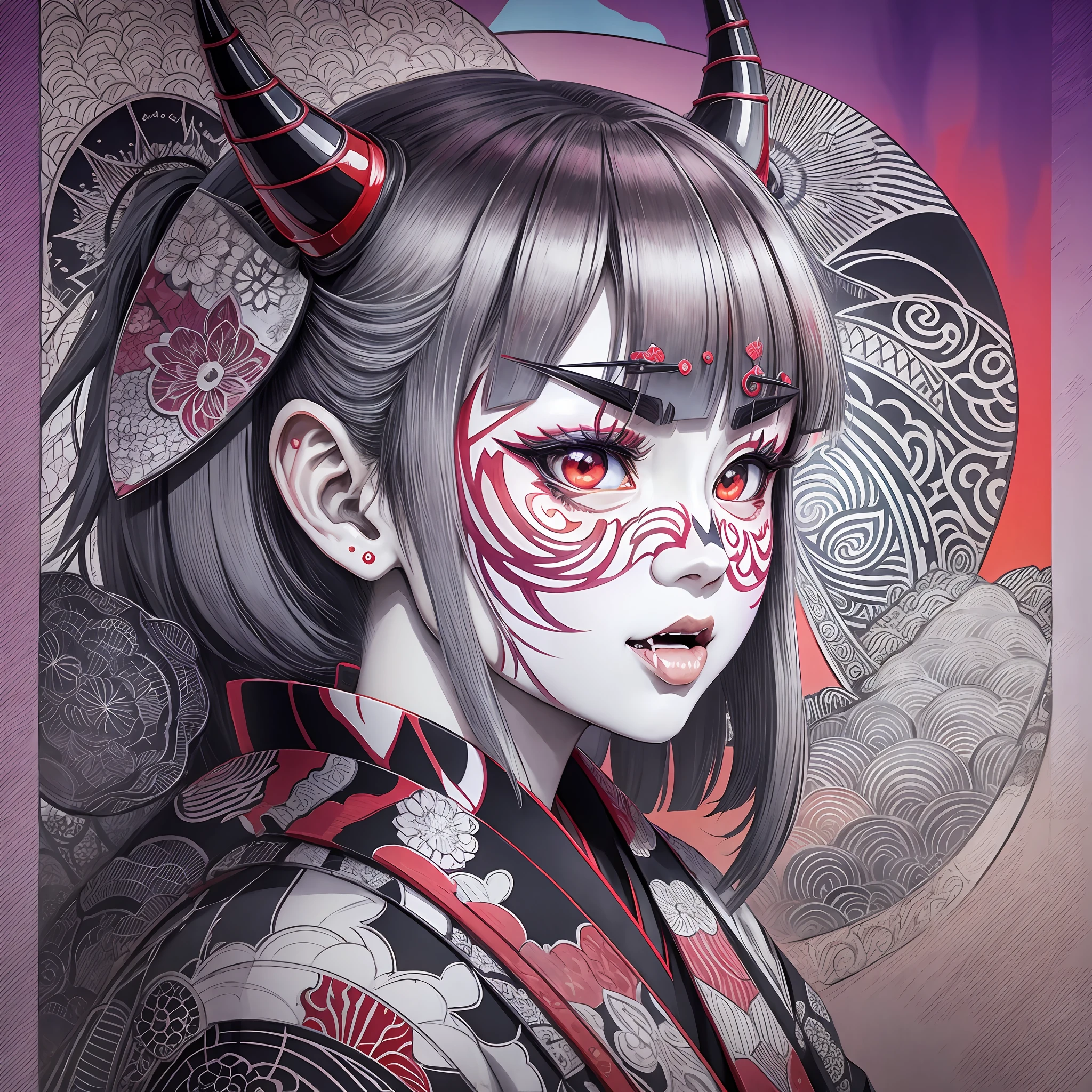 japanese kimono,devil horn, harajuku fashion, Tomma Abts, Etel Adnan style, zentangle, masterpiece, absurdres, (face focus:1.3), landscape, (anime_coloring:1.5), (realistic_nose:-0.5), (fang:1.4) --auto --s2