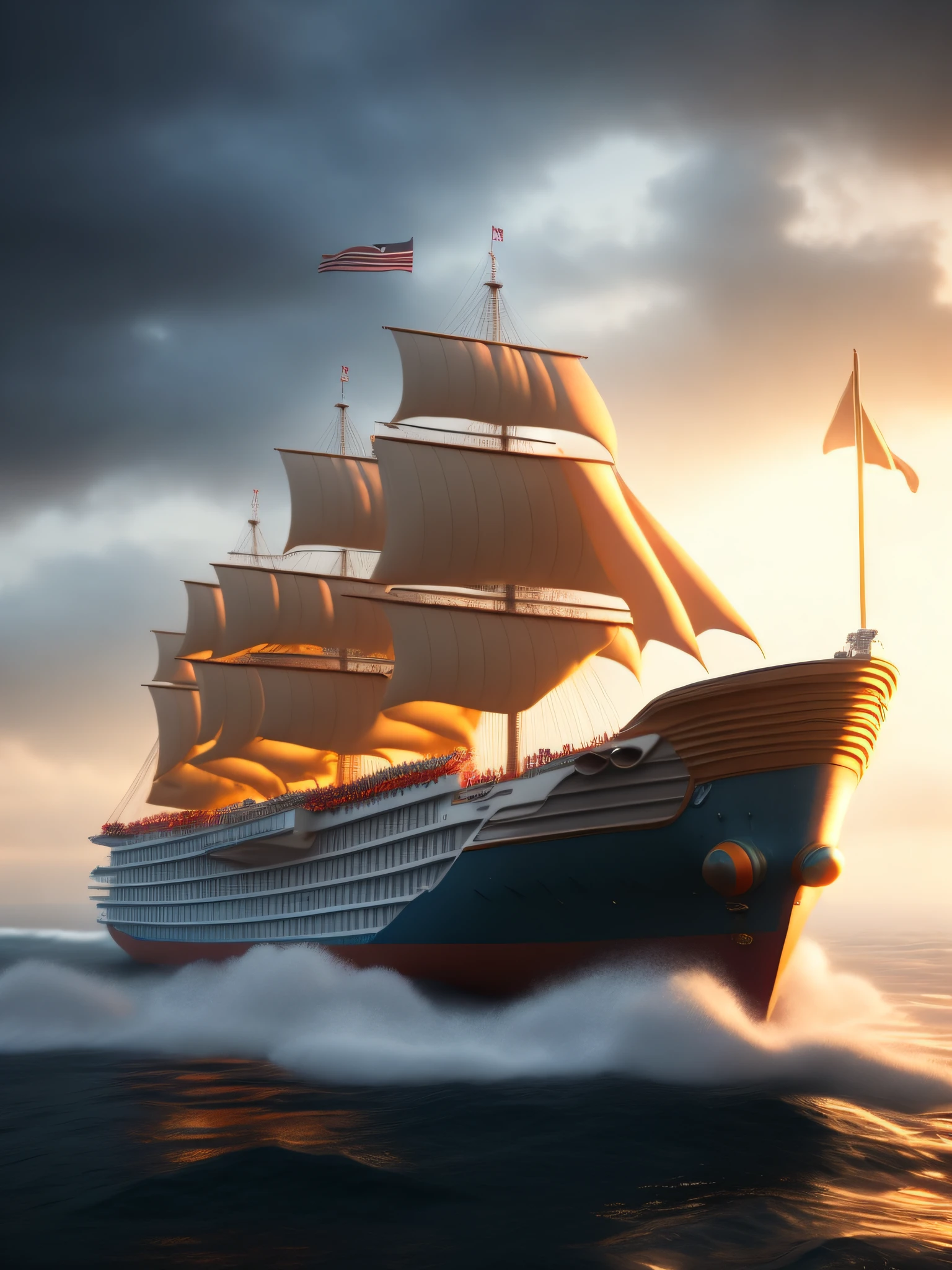 A ship at sea, realistic, rzminjourney, 4k