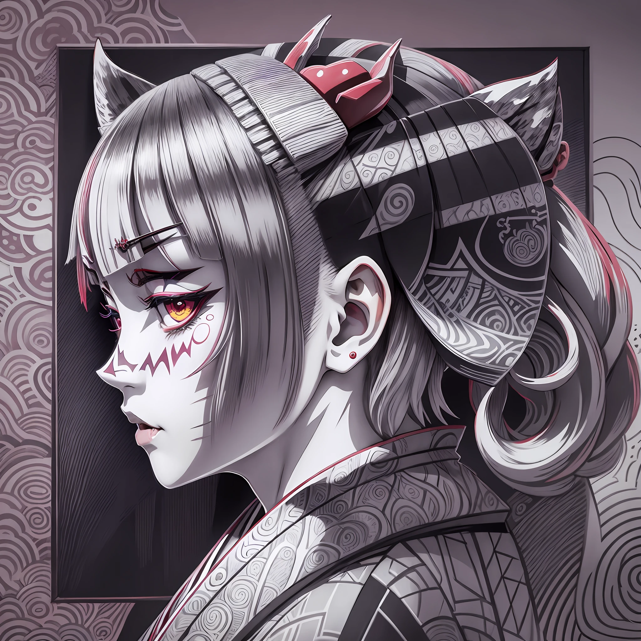 japanese kimono,devil horn, harajuku fashion, Tomma Abts, Etel Adnan style, zentangle, masterpiece, absurdres, (face focus:1.3), landscape, (anime_coloring:1.5), (realistic_nose:-0.5), (fang:1.4) --auto --s2