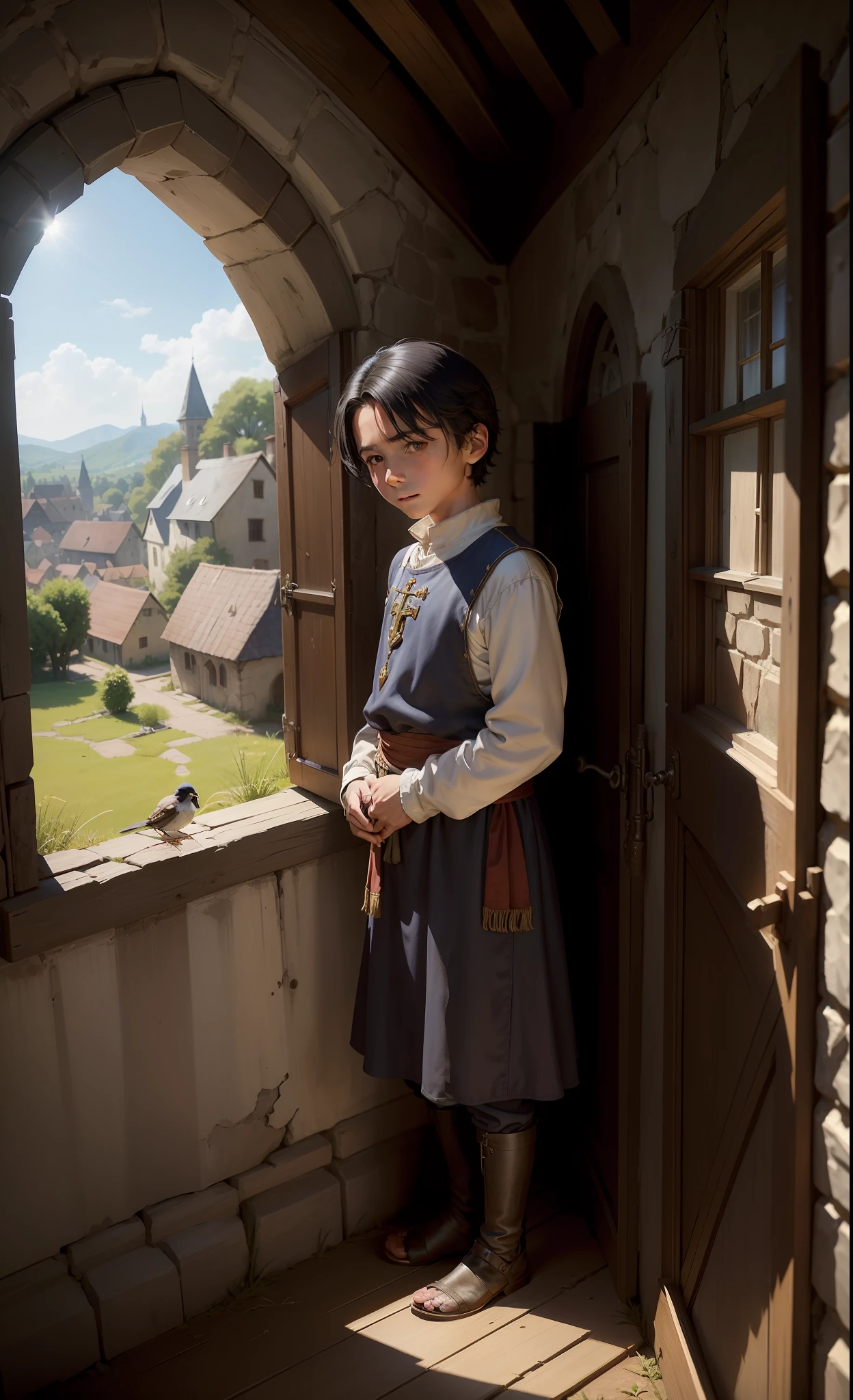 Medieval land, Henry is a skinny boy, average for age, straight black hair, brown eyes, is around . (It's a time of civil war), it's in a hovel. It's a beautiful sunny morning in the village, the birds sing and the window reflects the sunlight on the ground leaving a clear tone on Henry's dirty feet.