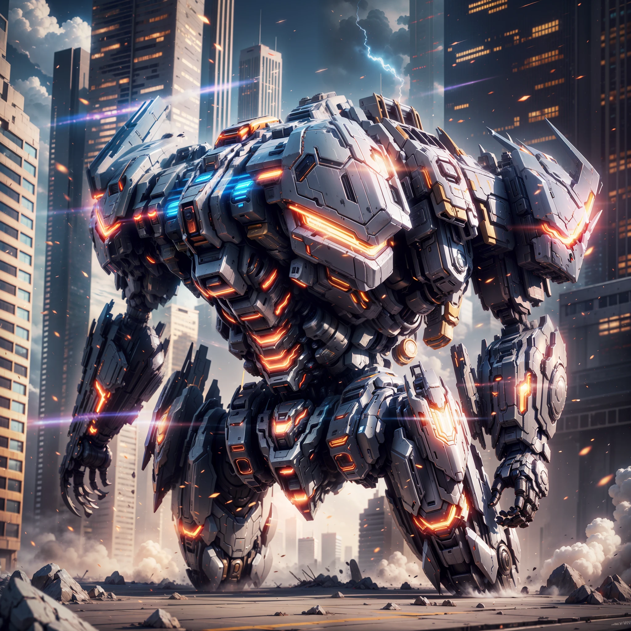 (a super mech tank), huge energy cannon on the back, facing the camera tall buildings, energy cannon fire, tall and mighty, solid armor, futuristic technology, sharp lines, dynamic shapes, mechanical joints, armor plates, sensors, energy weapons, blazing energy, shining light, explosion effects, smoke and dust, tense atmosphere, (octane rendering: 1.4), best quality, (highly realistic), (super detail: 1.5), C4D rendering, cinematic quality