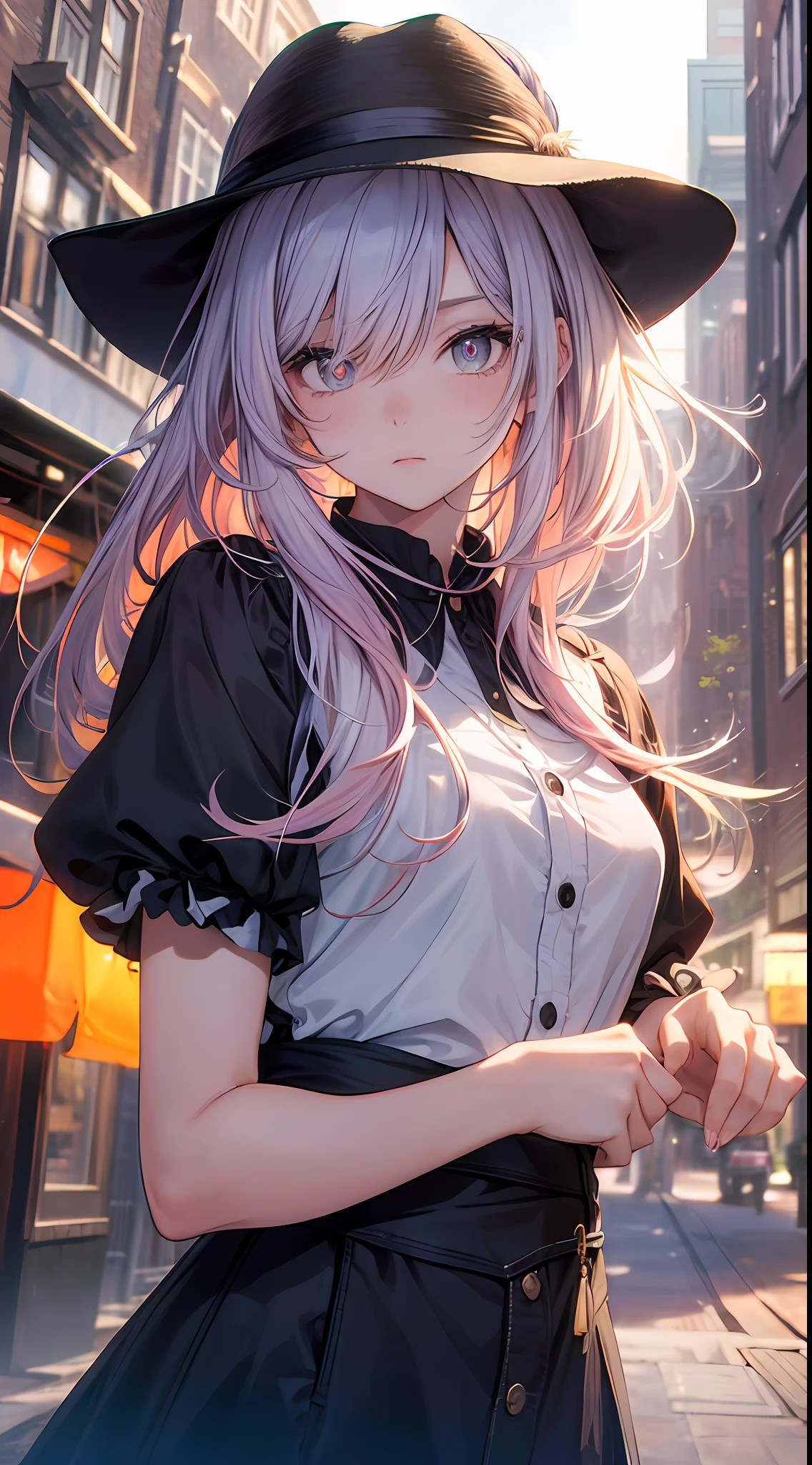 (gradient hair, dutch angle:1.3), film grain, chromatic aberration, city centre, masterpiece, best quality, raw photo, photorealistic, absurdres, 1girl, cute, perspective, cowboy shot, highres, ultra detailed, finely detail, detailed eyes and face, sharp pupils, realistic pupils, sharp focus, summer, night,