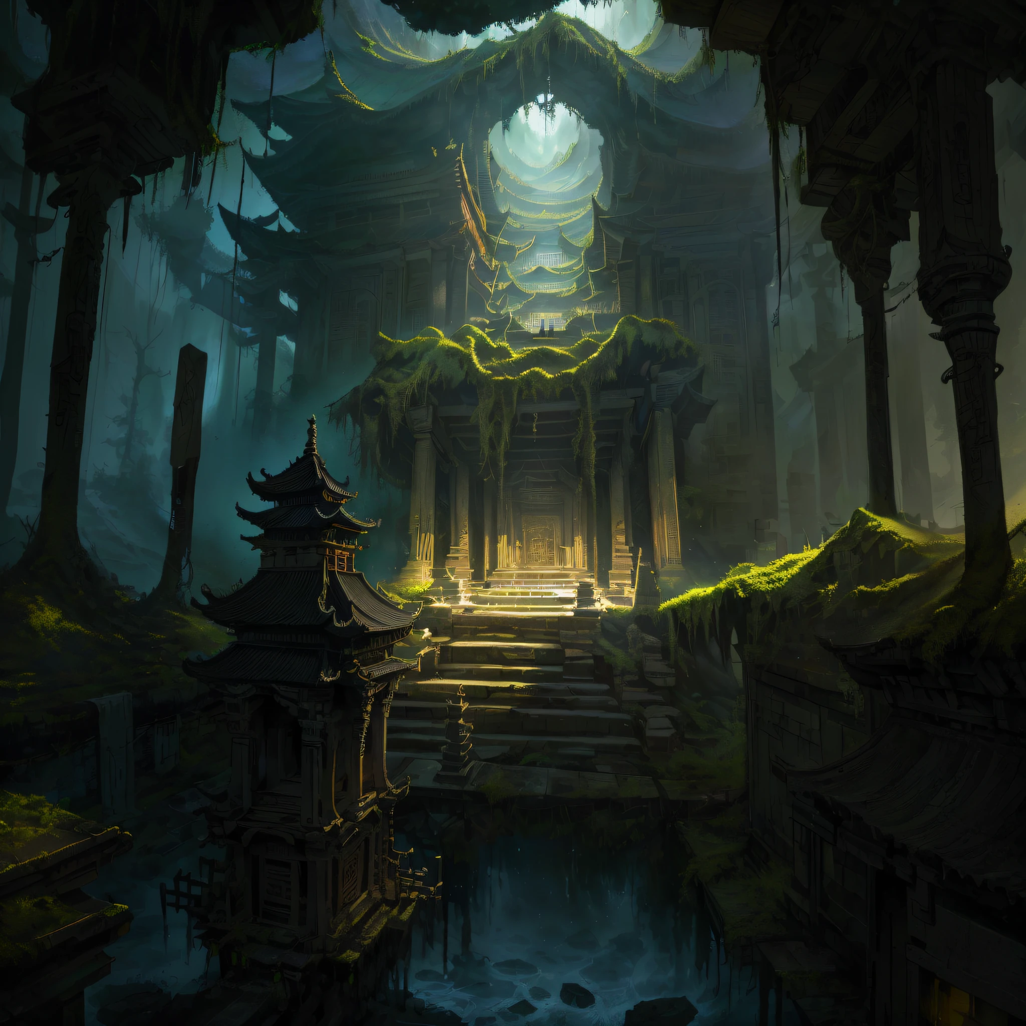 Narrow tunnel in the middle of the mountain, flooded temple scene, mysterious temple, secret overgrown temple, 8K high detail concept art, lost temple