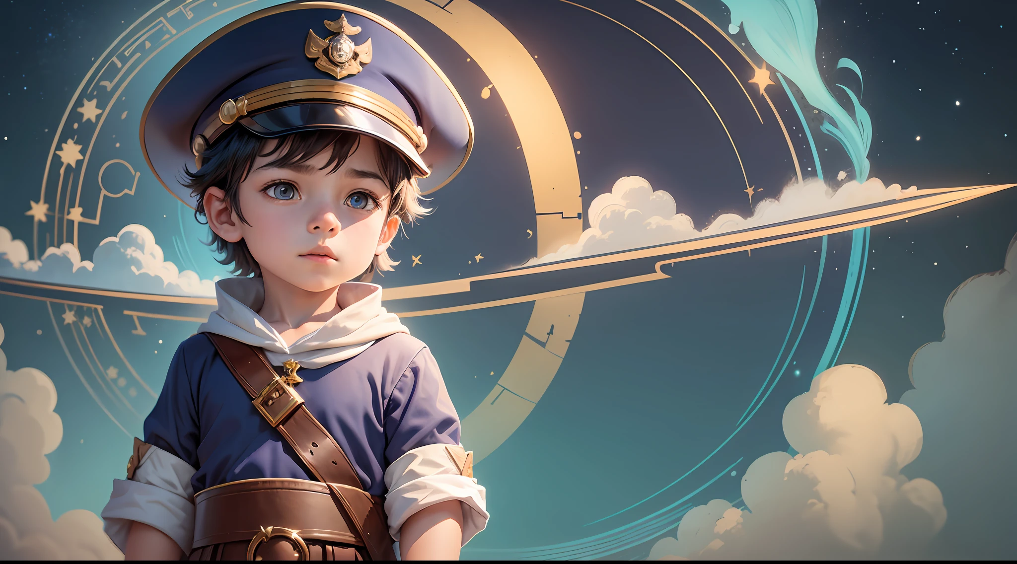 8K, fantasy story, children's style, children's illustration style, a little boy in a captain's costume, wearing a captain's hat, one hand crossed at the waist and the other hand stretched forward into the distance, with a telescope hanging from his waist --auto --s2