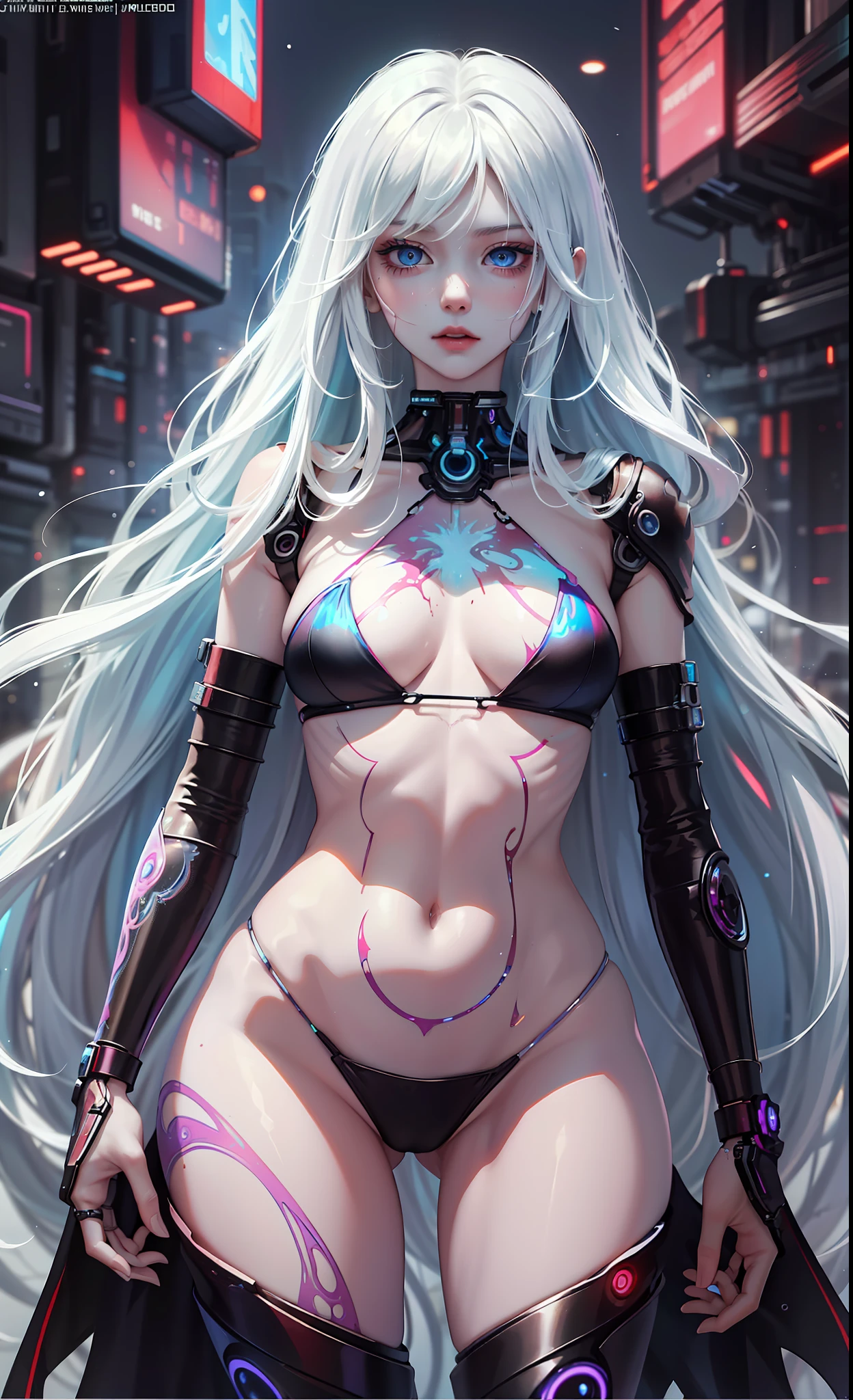 Masterpiece, Best Quality, Girls, Slender, Blue Eyes, Hair Color, Rainbow, Long Hair Spreading, White Skin, Blood Vessels on Arms and Chest, Medium, Cute, Sexy, Near Future, Cyberpunk, Bikini, Exposed Skin, Night, Psychedelic, Trip, Highly Colored, Paisley Themes, Open Legs, Mechanical Left Arm, Full Body