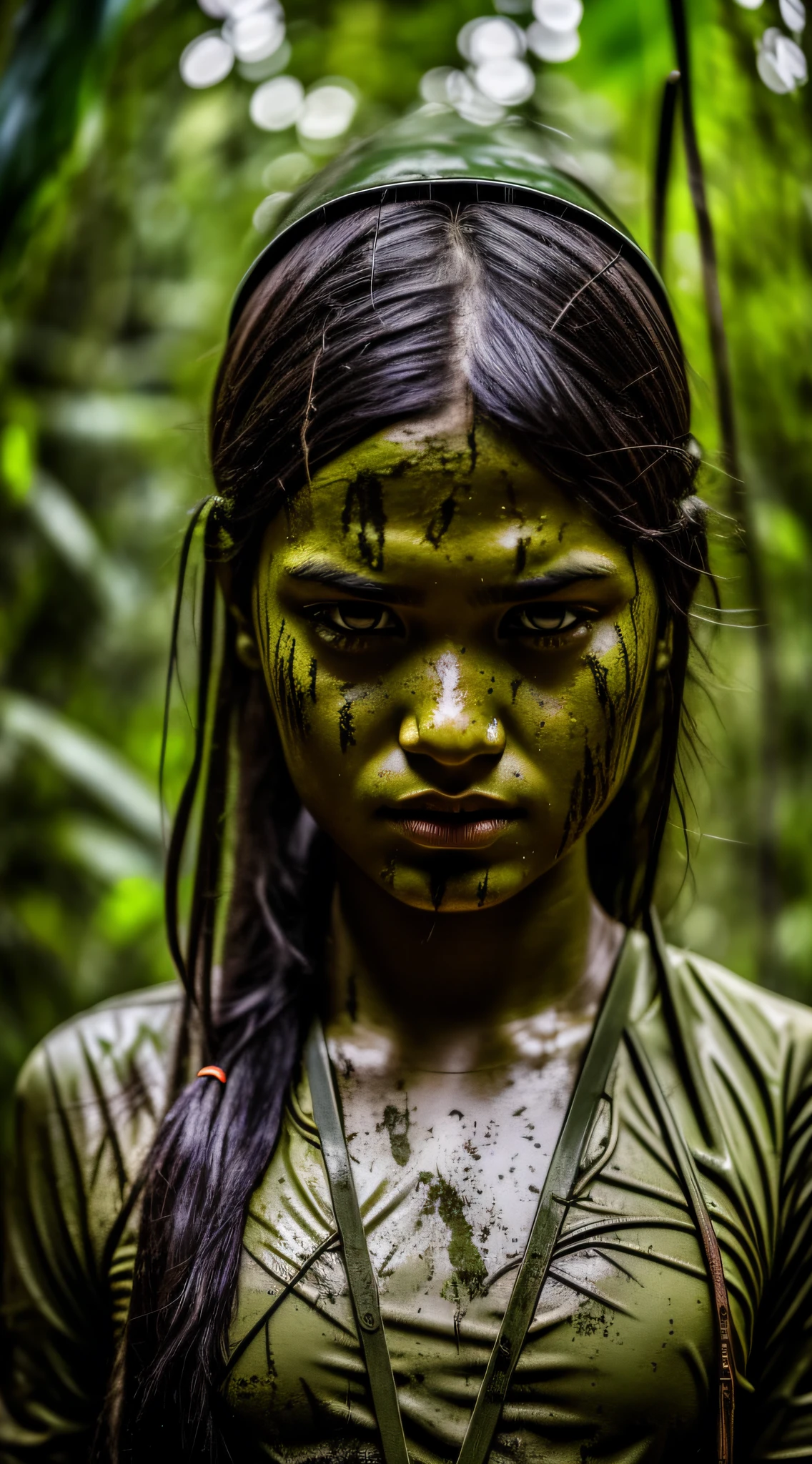 Award-winning photo, Girl in the jungle, mud, perfect body, realistic face. 1.4 (angry girl), +army, Ripley: regatta, camouflaged, green + gray+. HD 1.5, V4. GAB, ISO. Aerial camera focus = Canon XA55 UHD 4KXA55.