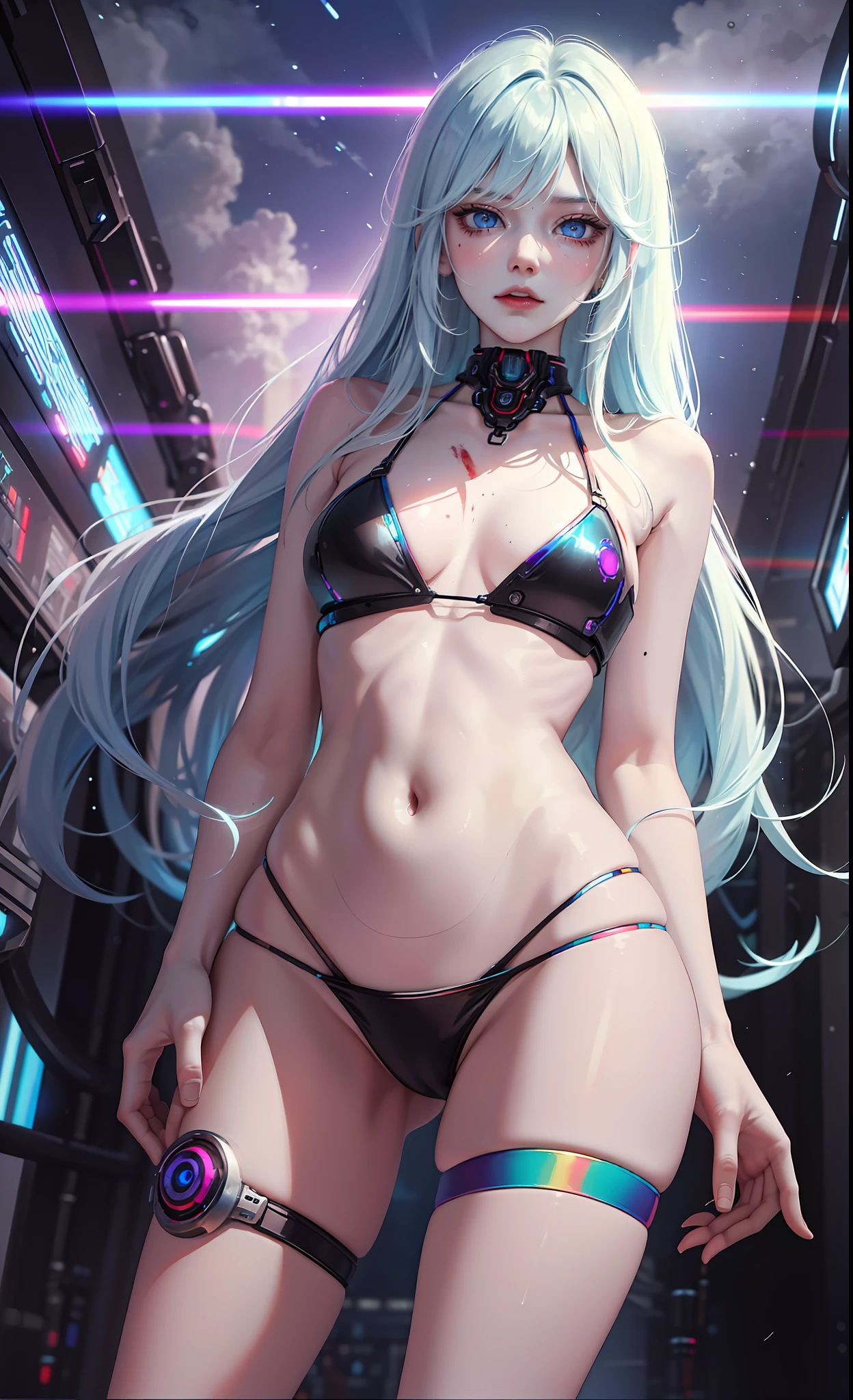 Masterpiece, Best Quality, Girls, Slender, Blue Eyes, Hair Color, Rainbow, Long Hair Spreading, White Skin, Blood Vessels on Arms and Chest, Medium, Cute, Sexy, Near Future, Cyberpunk, Bikini, Exposed Skin, Night, Psychedelic, Trip, Highly Colored, Paisley Themes, Open Legs, Mechanical Left Arm, Full Body