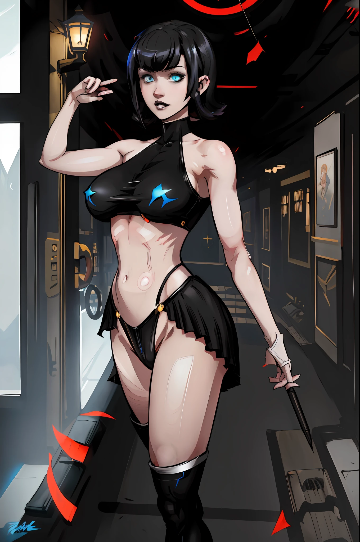 A closeup of a woman, 1girl, highres, sharp focus, pixiv masterpiece, ((intricate details)), highly detailed,exquisite fanart highly detailed, commission for high resolution, one eye, detailed eyes,blue eyes, pale skin, fair skin, short black hair, cyberpunk hair, muscular female body!, pointed ear, vampire, costume: bikini, underboob, joy ride style, ilya kuvshinov,Anime Moe Artstyle, Female anime character, Anime character,