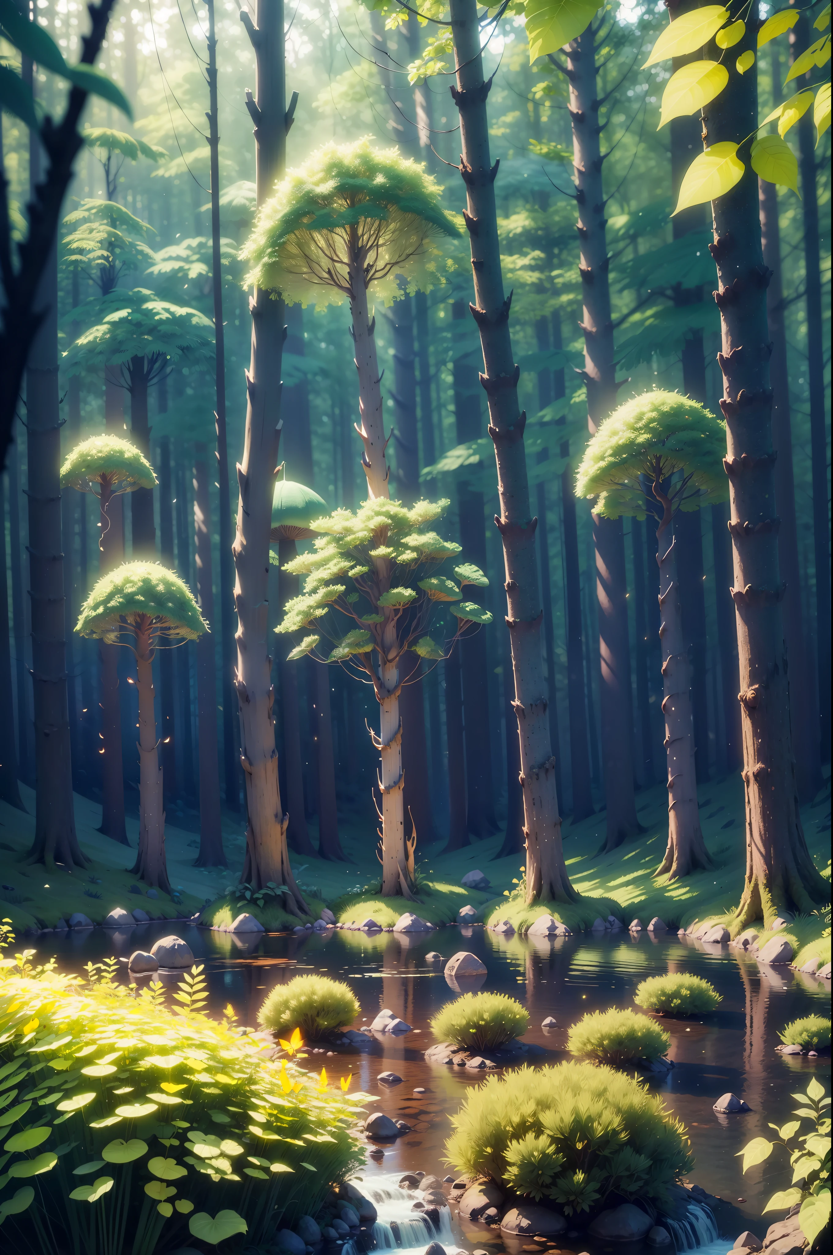 Masterpiece, best quality, (highly detailed CG unity 8k wallpapers), (best quality), (best illustrations), (best shadows), forest theme with natural elements. Tall trees, quiet streams, small glowing mushrooms surrounded by delicate leaves and branches, with fireflies and glowing particle effects,, (natural elements), (jungle theme), (leaves), (twigs), (fireflies), butterflies, (delicate leaves), (glow), (particle effects). , Isometric 3D, Octane Rendering, Ray Traced, Super Detailed --auto --s2