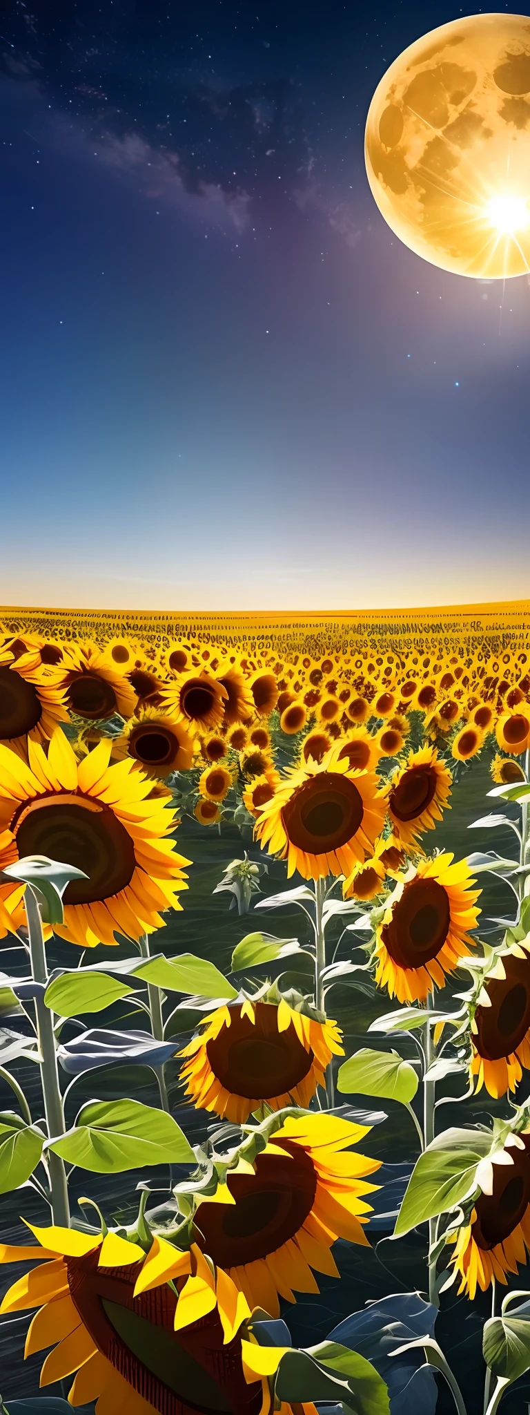 expansive landscape photography, (a view from below showing the sky above and the open sunflower field below), a dog in a field of flowers looking up, (full moon: 1.2), (shooting stars: 0.9), (nebula: 1.3), distant mountain, Tree BREAK production art, (warm light source: 1.2), (Firefly: 1.2), sunflowers, lamp, lots of green and orange, intricate details, volumetric lighting, BREAK realism (masterpiece: 1.2), (best quality), 4k, ultra-detailed, (dynamic composition: 1.4), very detailed, colorful details, (iridescent colors: 1.2), (bright lighting, atmospheric lighting), dreamy, magical, (only: 1.2)