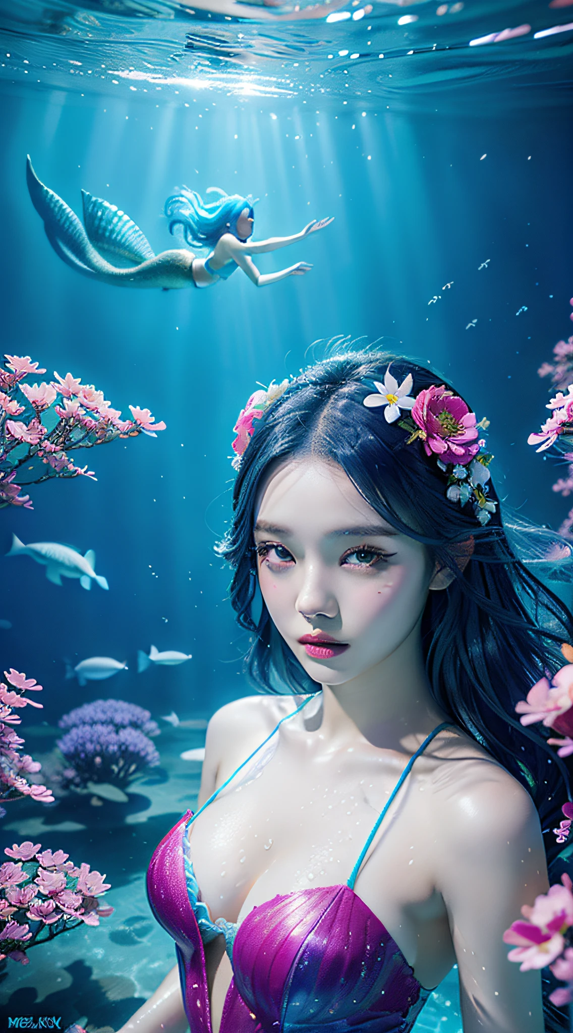 mermaid with blue hair and flowers floating in the water, beautiful mermaid, beautiful digital illustration, a beautiful artwork illustration, beautiful digital artwork, beautiful gorgeous digital art, beautiful digital art, asian female water elemental, gorgeous digital art, very beautiful digital art, closeup fantasy with water magic, beautiful fantasy art, beautiful digital painting, exquisite digital illustration, gorgeous digital painting