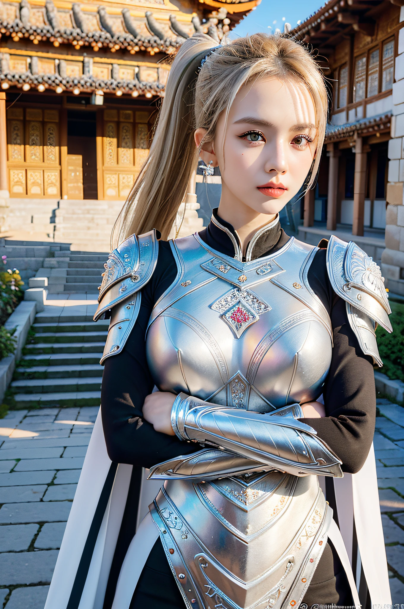 (8K, best quality:1.2), (masterpiece:1.37), (photo, photorealistic:1.37), (ultrahigh-res), half body, walking pose, shot from front, slow motion, female paladin wearing the full body, (light silver armour:1.2),(ornately decorated armor), (insanely detailed, bloom:1.5), (highest quality, Alessandro Casagrande, Greg Rutkowski, Sally Mann, concept art, 4k), (analog:1.2), (high sharpness), (detailed pupils:1.1), detailed face and eyes, Masterpiece, best quality, (highly detailed photo:1.1), (long blonde Hair, ponytail,ecstatic:1.1), (young woman:1.1), sharp, (perfect body:1.1), realistic, real shadow, 3d, (temple background:1.2), arms crossed over the chest 
photographed by Canan EOS R6, 135mm, 1/1250s, f/2.8, ISO 400