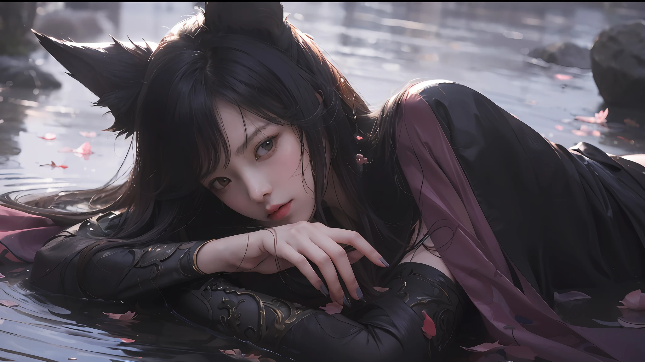 Anime girl lying on the ground in the water with her head resting on her hand, Guvez style artwork, made by Yang J, Beast Ear, extremely detailed art germ, Gu Viz, Nguyen family and art germ, art germ and Ruan Jia, Gu Viz masterpiece, Gu Viz on ArtStation pixiv