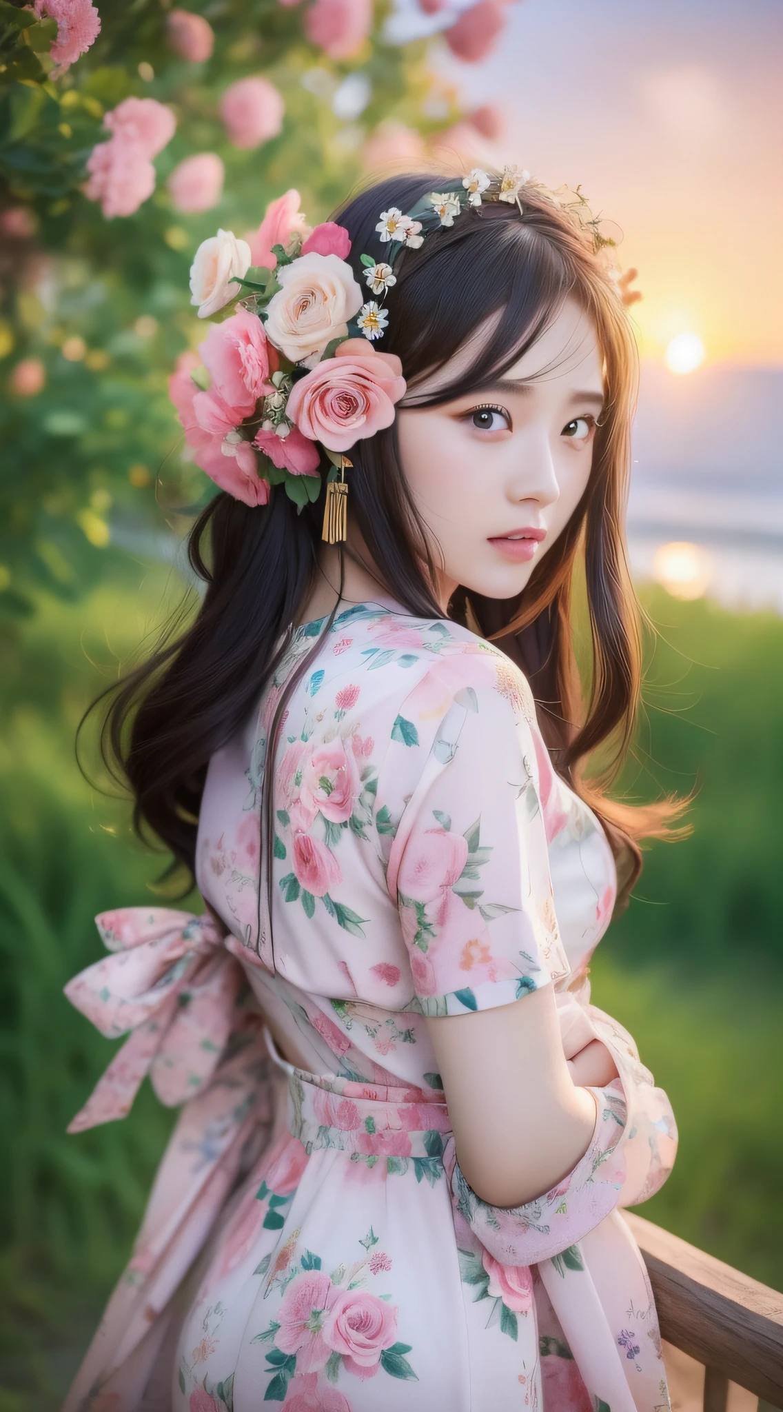A girl with flowers in her hair, chinese girl, asian, seaside, sunset, 4K highly detailed digital art, beautiful digital artwork, beautiful art UHD 4k, beautiful digital illustration, gorgeous digital art, 4K detailed digital art, realistic digital art 4k, beautiful digital art, cute detailed digital art, stunning digital illustration, 8K high quality detailed art