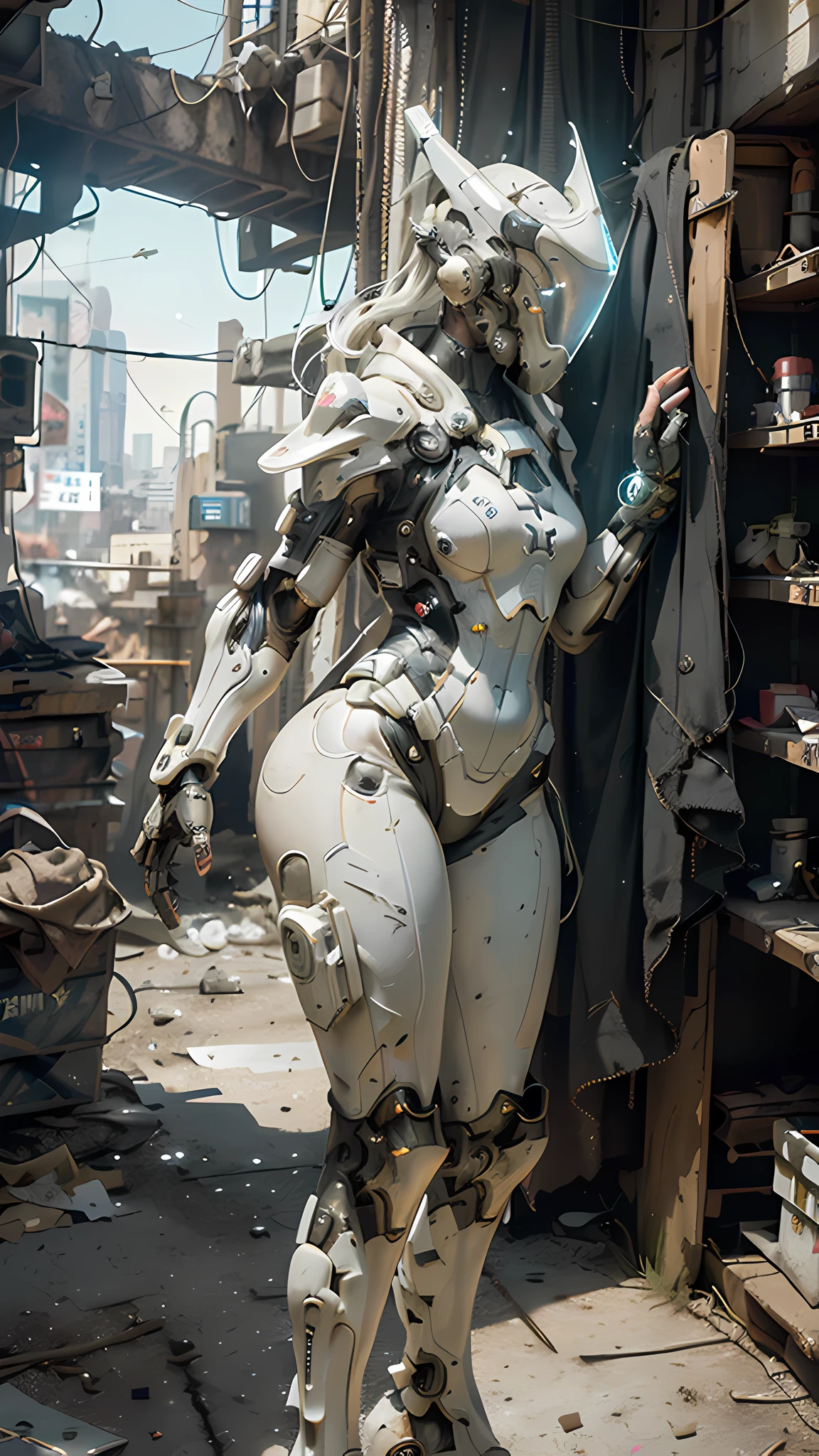 ((best quality)), ((masterpiece)), ((realistic)), (detailed), (photorealistic:1.5), a futuristic girl, (thick body), (white bodysuit), lights on armor, cybernetic headwear, looking at viewer, dynamic pose, post apocalyptic, destroyed city background, buildings on fire, science fiction, hdr, ray tracing, nvidia rtx, super-resolution, unreal 5, subsurface scattering, pbr texturing, post-processing, anisotropic filtering, depth of field, maximum clarity and sharpness, rule of thirds, 8k raw, (luminescent particles:1.4), (extremely detailed cg, unity 8k wallpaper, 3d, cinematic lighting, lens flare), reflections, sharp focus, cyberpunk art, cyberpunk architecture,
