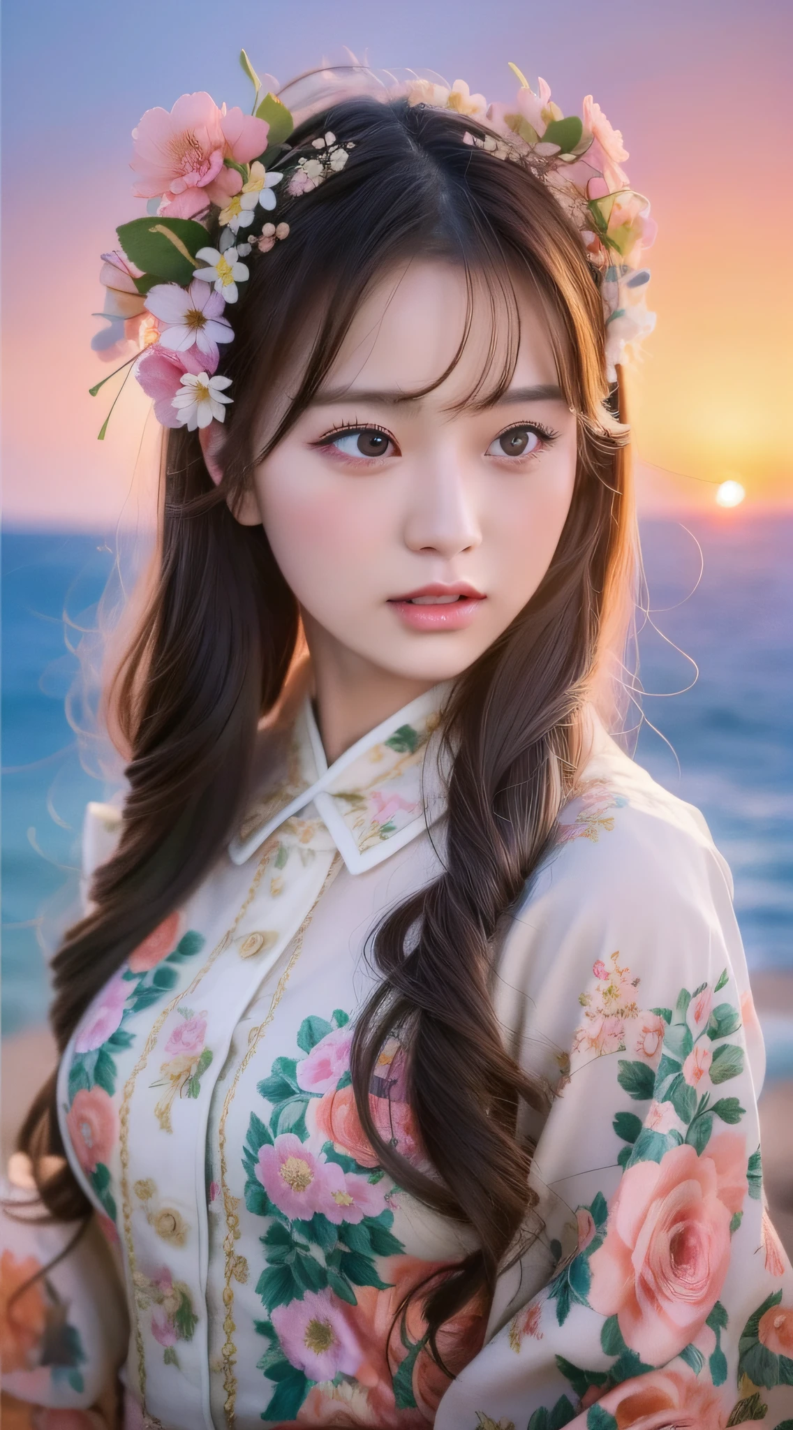 A girl with flowers in her hair, chinese girl, asian, seaside, sunset, 4K highly detailed digital art, beautiful digital artwork, beautiful art UHD 4k, beautiful digital illustration, gorgeous digital art, 4K detailed digital art, realistic digital art 4k, beautiful digital art, cute detailed digital art, stunning digital illustration, 8K high quality detailed art
