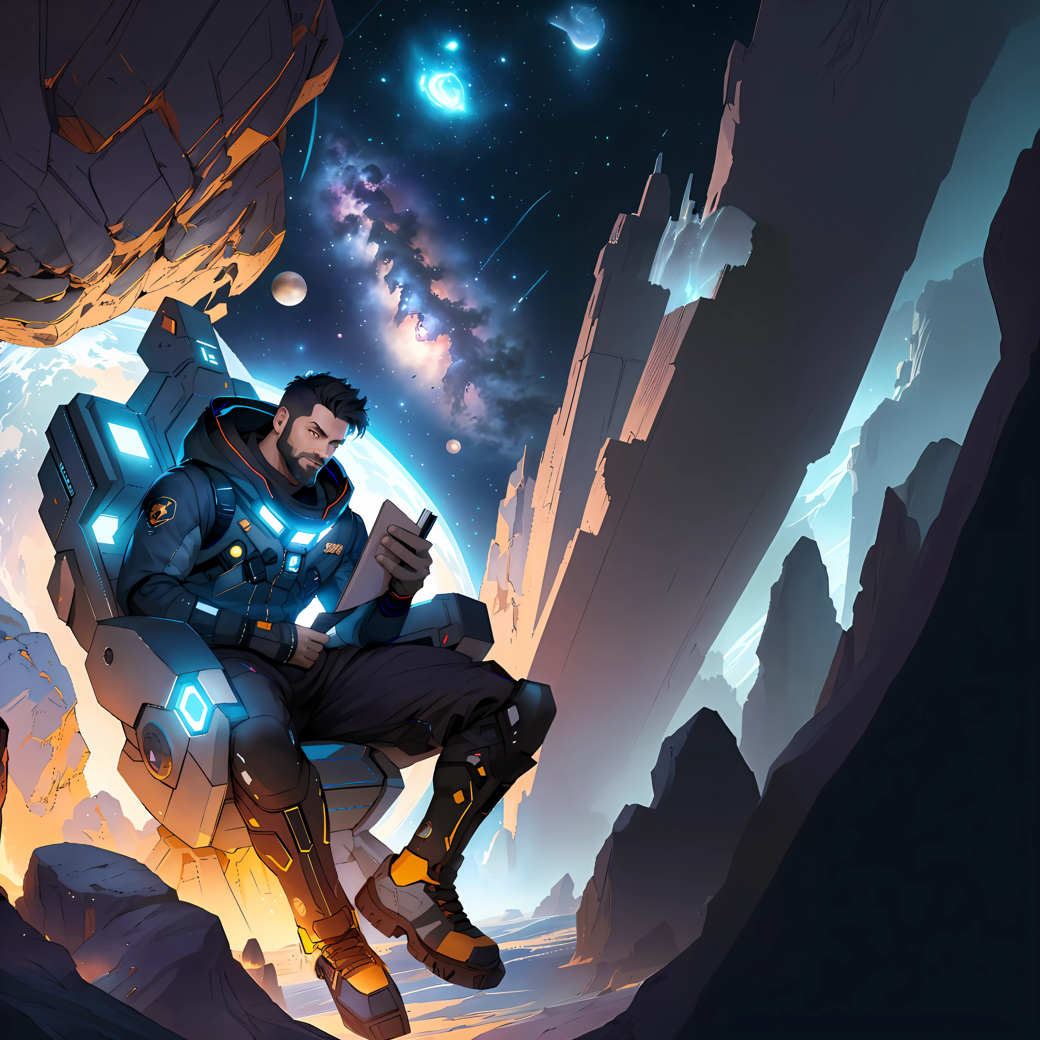 arafed image of a man sitting on a giant rock with a book, android jones and rhads, borne space library artwork, epic full color illustration, scifi illustration, jen bartel, epic sci-fi character art, epic scifi character art, makoto shinkai ( apex legends ), epic sci - fi character art, baptiste from overwatch