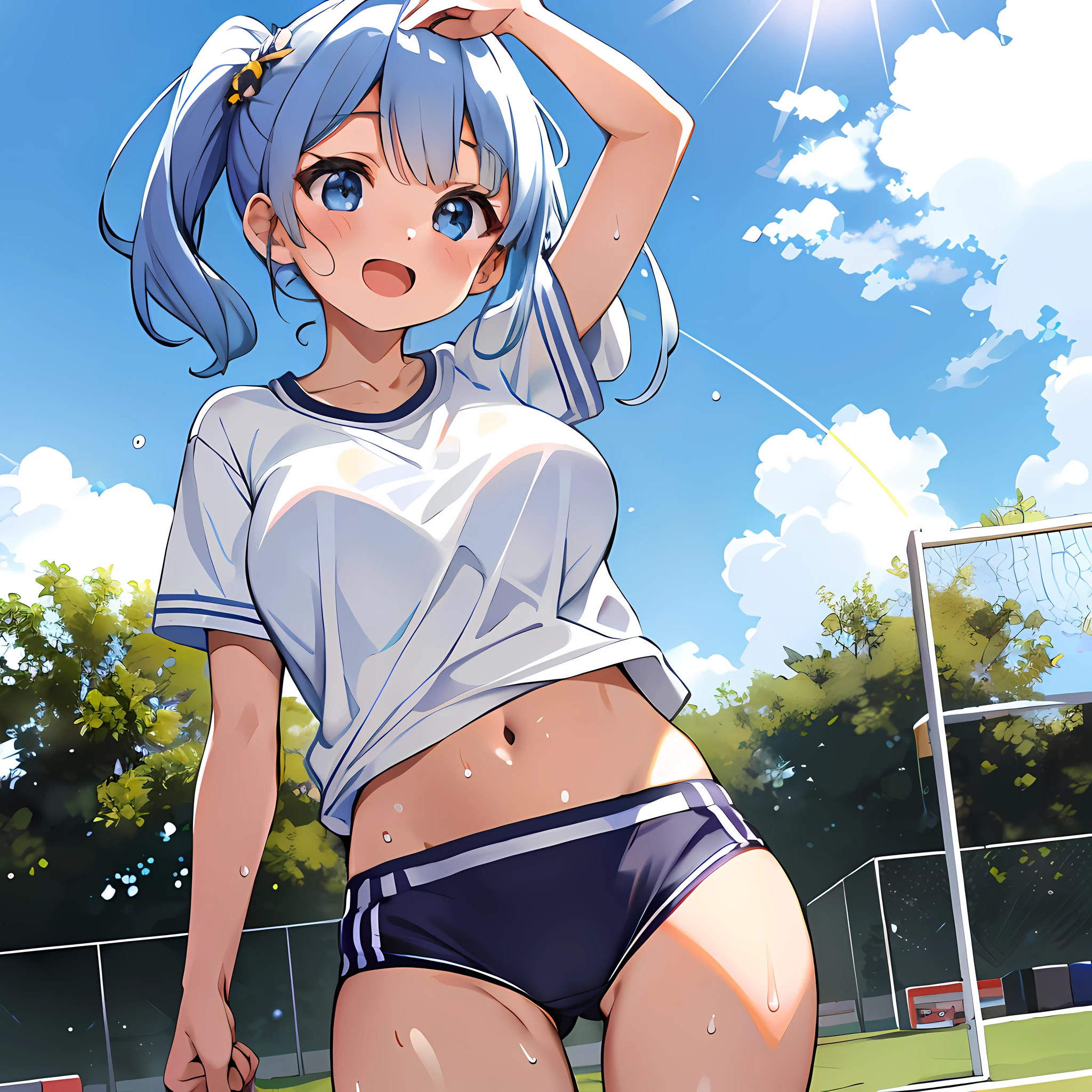 (absurdres,masterpiece,high resolution,an exremely beautiful girl, exremely detailed faced and eyes:1), (kawaii:1.4),light effects, 1 girl, solo, tareme, large breasts, petite, :d, looking away , buruma, gym uniform, sweat, see through, outdoor, sports ground, summer,サイドテール