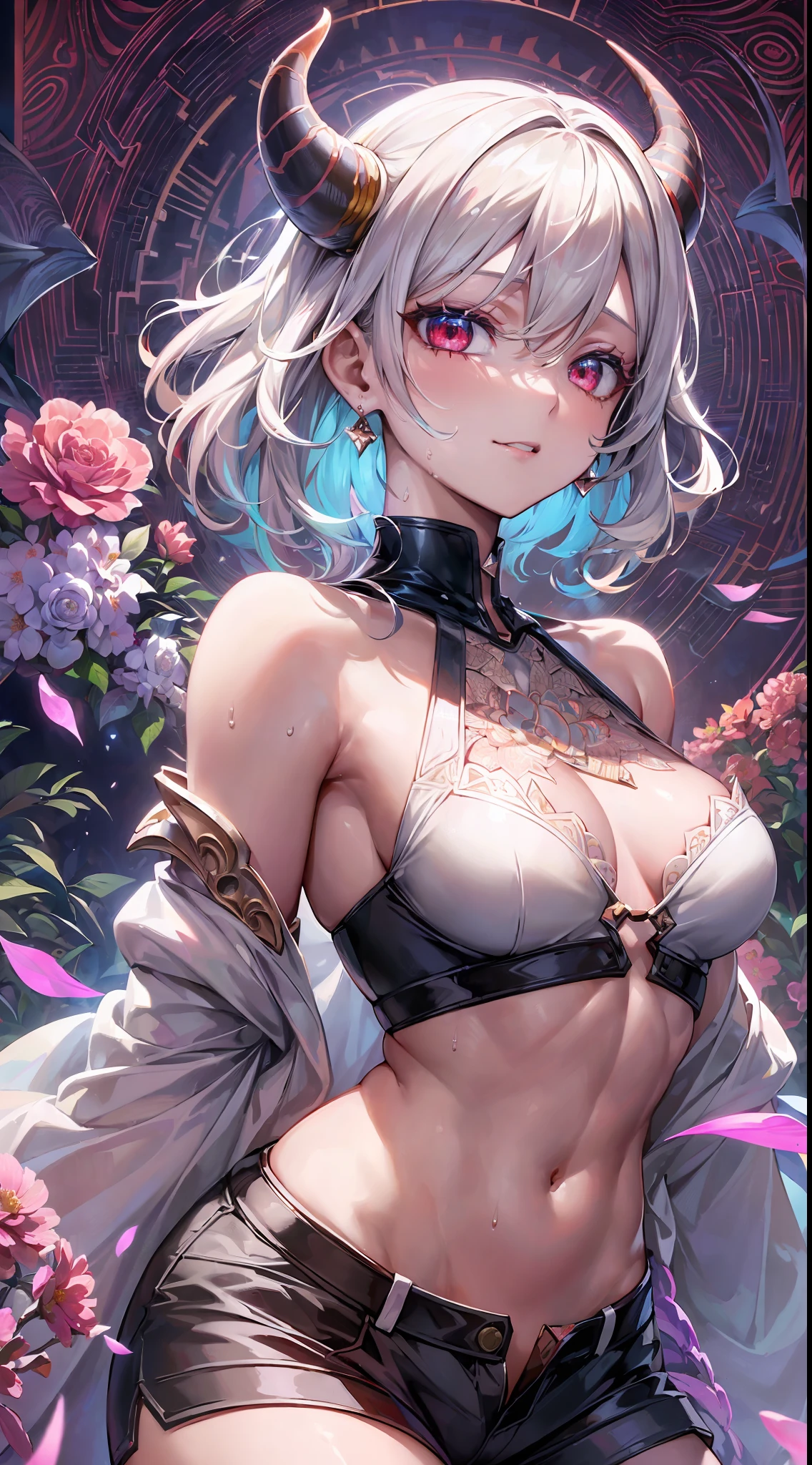 dynamic pose, (white hair with highlights:1.2),warm sunshine, radiant smile.((ultra detail retina:1.5)),embarassed, (midriff),((ultra detail eyes:1.5)),((extremely detailed CG unity 8k wallpaper,masterpiece, best quality)), ((ultra-detailed)),(best illumination, best shadow, an extremely delicate and beautiful),(extremely detailed CG unity 8k wallpaper,masterpiece, best quality, ultra-detailed),(best illumination, best shadow, an extremely delicate and beautiful),floating, ,red eyes,dynamic pose,(horns),scaly white armor,sharp claws,snarling,aggressive look):0.75],,HDR (High Dynamic Range),masterpiece, top quality, best quality, official art, beautiful and aesthetic:1.2), (1girl:1.3), extremely detailed,(fractal art:1.2),(colorful:1.2)(flowers:1.3),highest detailed,(zentangle:1.2), (dynamic pose), (abstract background:1.3), (shiny skin), (many colors:1.4),((medium chest, tomboy, small head)), (cut abs: 1.1), (perfect body: 1.1), (short wavy hair: 1.2), auburn hair, collar, chain, full body, workout , sweat,((shorts)), (extremely detailed CG 8k wallpaper), (extremely delicate and beautiful), (masterpiece), (best quality: 1.0), (ultra high resolution: 1.0), beautiful lighting, perfect lightning, realistic shadows, [high resolution], detailed skin, super detailed (((colorful))) ,(earrings), (bloods:1.5),(masterpiece, sidelighting, finely detailed beautiful eyes: 1.2)