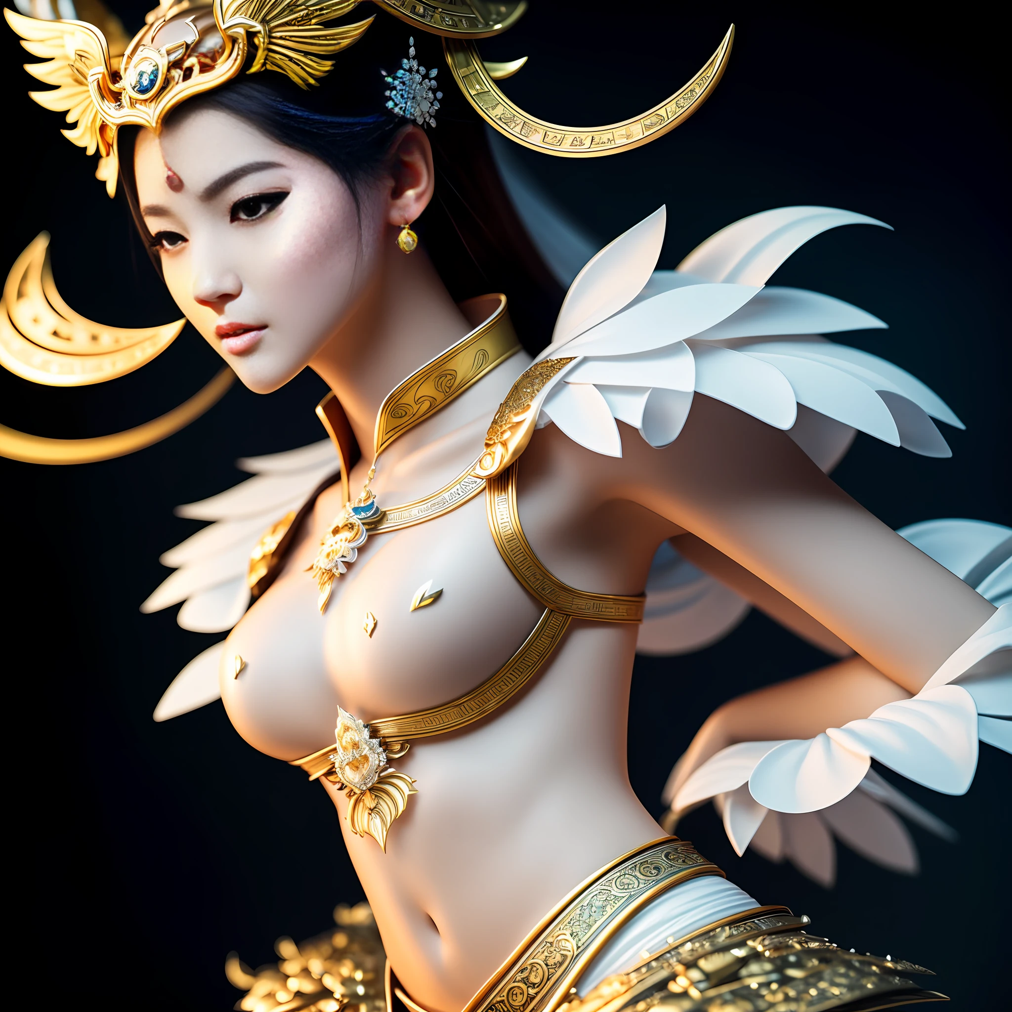 Korean, masterpiece, best quality, high quality, extremely detailed CG unity 8k wallpaper, (realistic, Photo real: 1.3), (RAW photo: 1.2), Woman body set medium , exposed breastsand natural breasts, crisps, tender whitexion, straight buttocks, (transparent tong)l, 8K, original photo, film grain, super high resolution, super detail, tall, very clear face, slender long legs, a pair of snow-white slender beautiful legs, like ivory carved jade legs, perfect proportion and length, stunning face, melon seed face, qiong nose cherry lips, eyebrows picturesque, amorous, charming, slender and slender waist, close-up of a woman in gold and white clothing, super detailed rendering, 3 D rendering character art 8 K, complex white and gold armor, full samurai armor fox, high detail iconic character, 8K rendering, octane rendering, octane rendering, super detail octane rendering, super detailed octane rendering, super detailed 3 d rendering, futuristic style fox demon --auto --s2