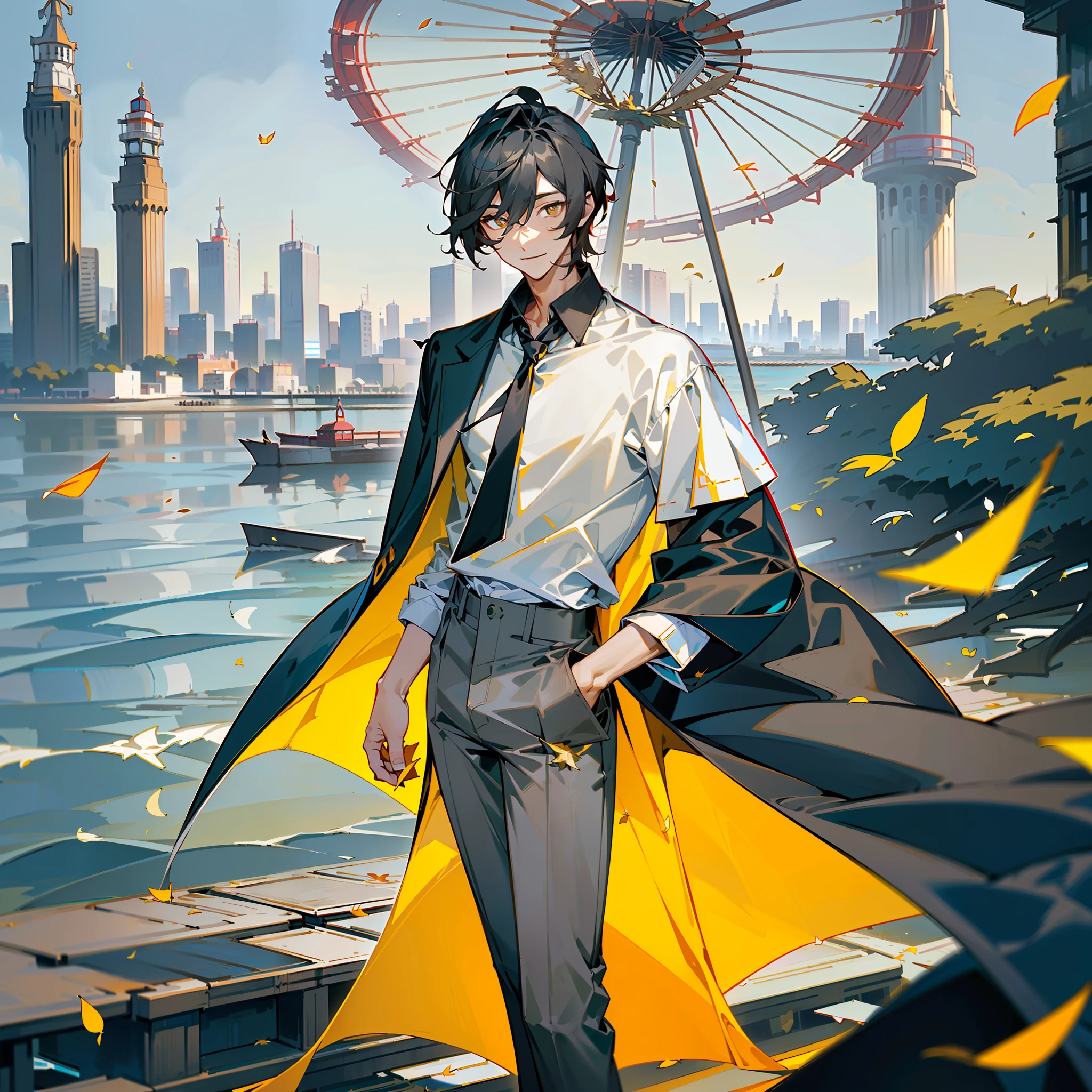 Dan Heng, Honkai Star Rail, masterpiece, best quality, high quality, human, ((male)), (((solo))), (male focus), mature, black short hair, slim, ((yellow pupils)), detailed eyes, front view, (clothing, (topwear: (dark-gray coat, (white t-shirt)), bottomwear:(pants: dark gray), standing, coat fluttering, detailed clothing, coat collar, tall, smiling, (((city seaside))), trees, falling leaves, (detailed background)
