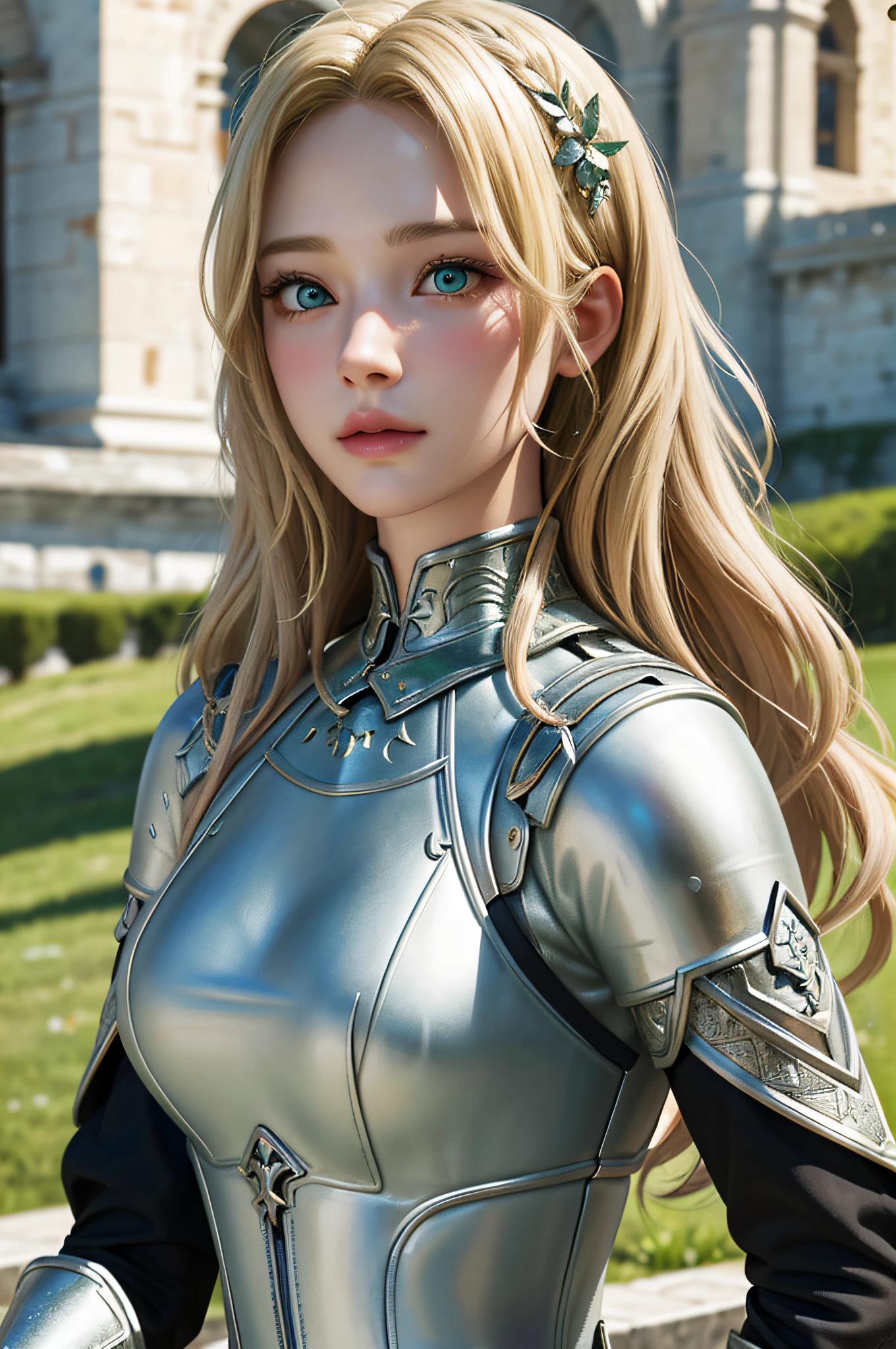 1girl, masterpiece, best quality, 8k, detailed skin texture, detailed cloth texture, beautiful detailed face, intricate details, ultra detailed, a european girl, green eyes, blonde curly hai, 3D character, Medieval Knight