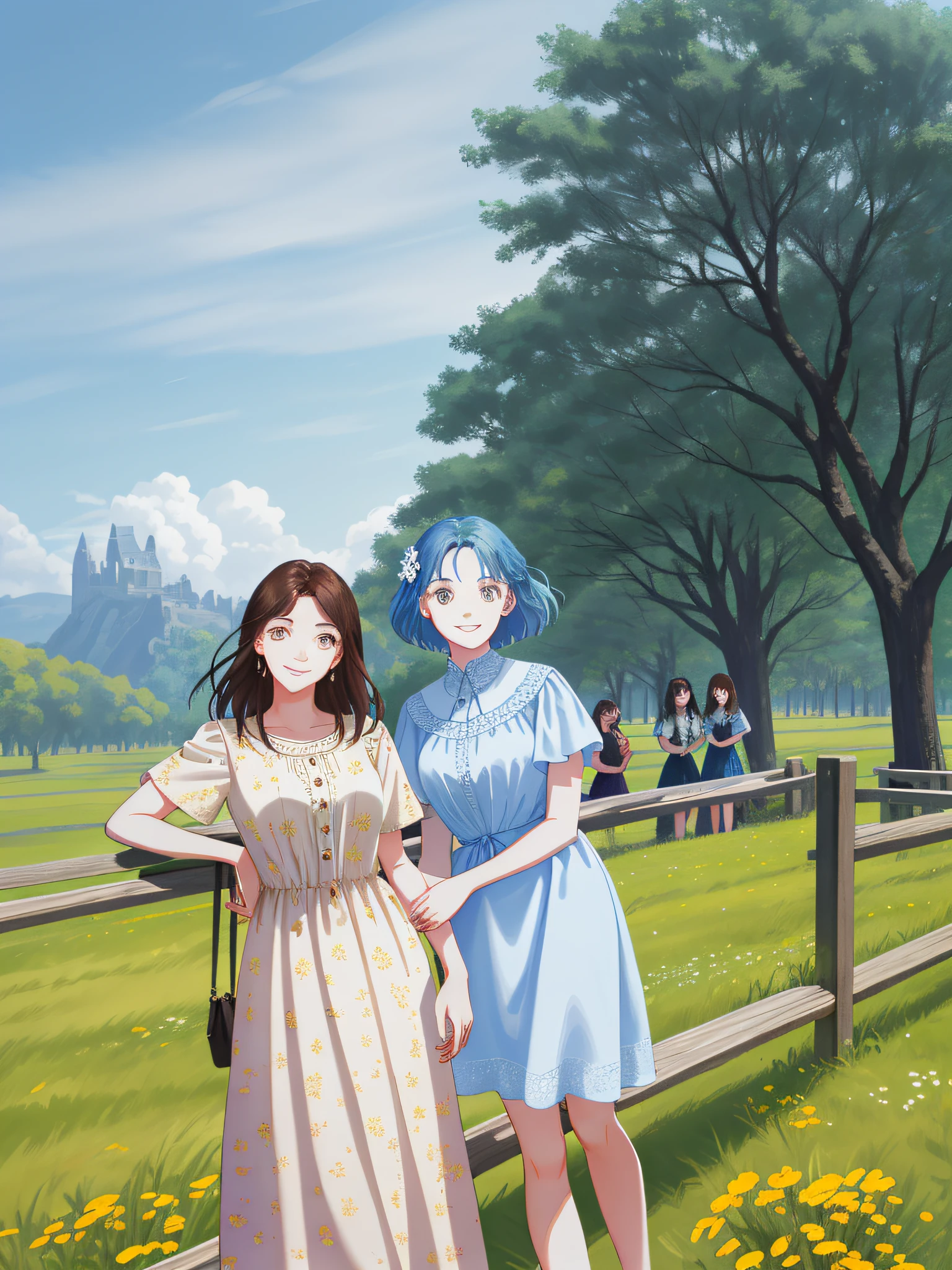 There are two women standing side by side in the field, smiling happily, smiling brightly, a mature woman on the left, a young woman on the right, background park, blue sky and white clouds, beautiful facial features, fresh background, background is park, 8K)), super high detail, fine picture, fine facial details, standard facial features, rosy complexion, vacation photos, sunny day