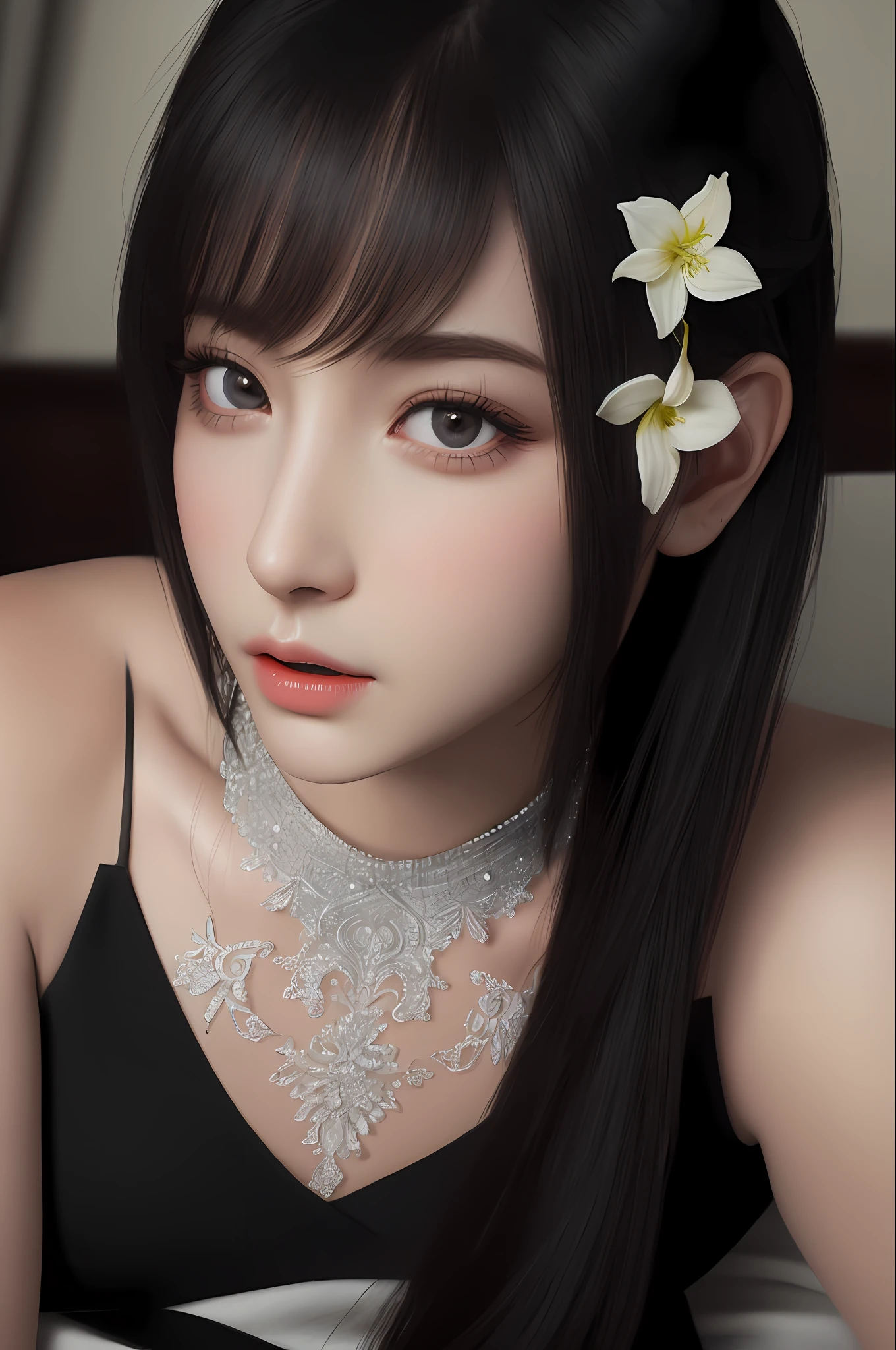 Very detailed eyes, very detailed face, very beautiful woman, best quality, super detailed (photorealistic), very delicate and beautiful legs, beautiful black eyes, absurdity, very detailed facial expression, professional illustration, shy, ff Tifa