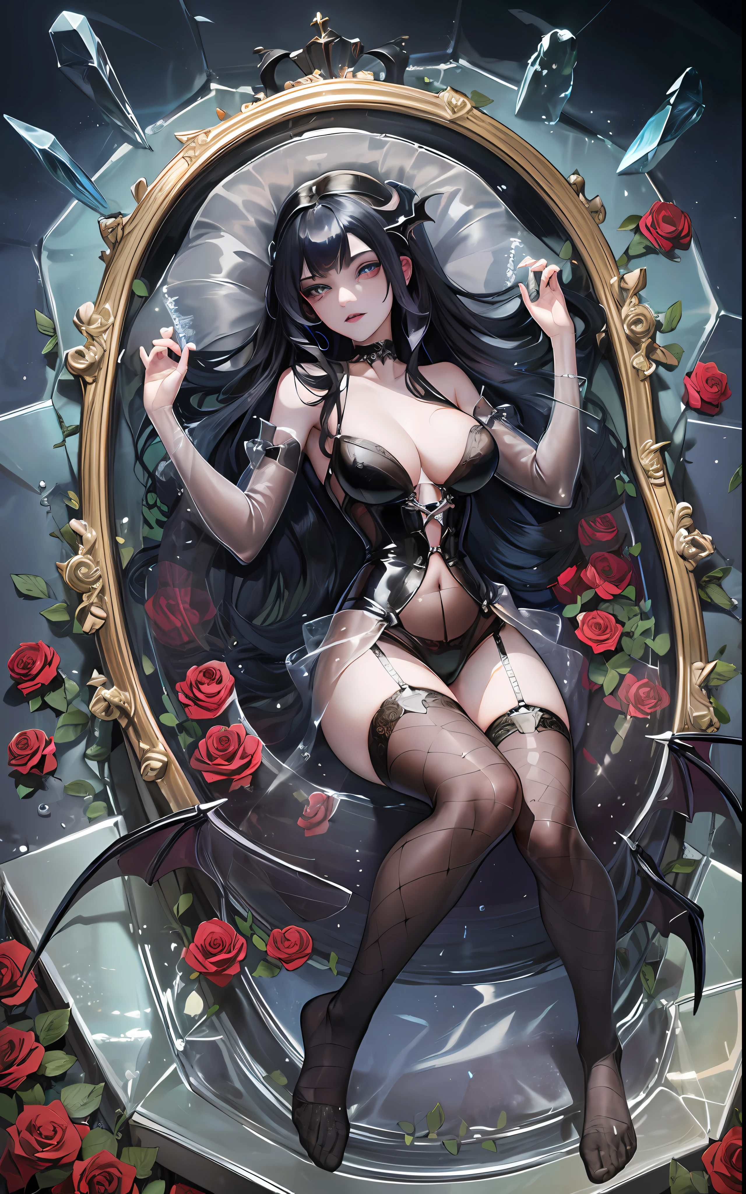 under the sea, 1girl, adult woman, black hair, long hair, blue eyes, big breasts, black victorian dress, flowing elegant dress, inside a coffin made of glass, (((transparent vampire coffin with closed lid))) , (long coffin), girl locked in the coffin, seabed in the background, ((crystal)), gold cross, golden details, roses inside the coffin, rose thorns, ocean in the background, moonlight , fish, coffin submerged in the sea, closed coffin with glass walls, closed lid, (((sarcophagus))), water outside coffin,